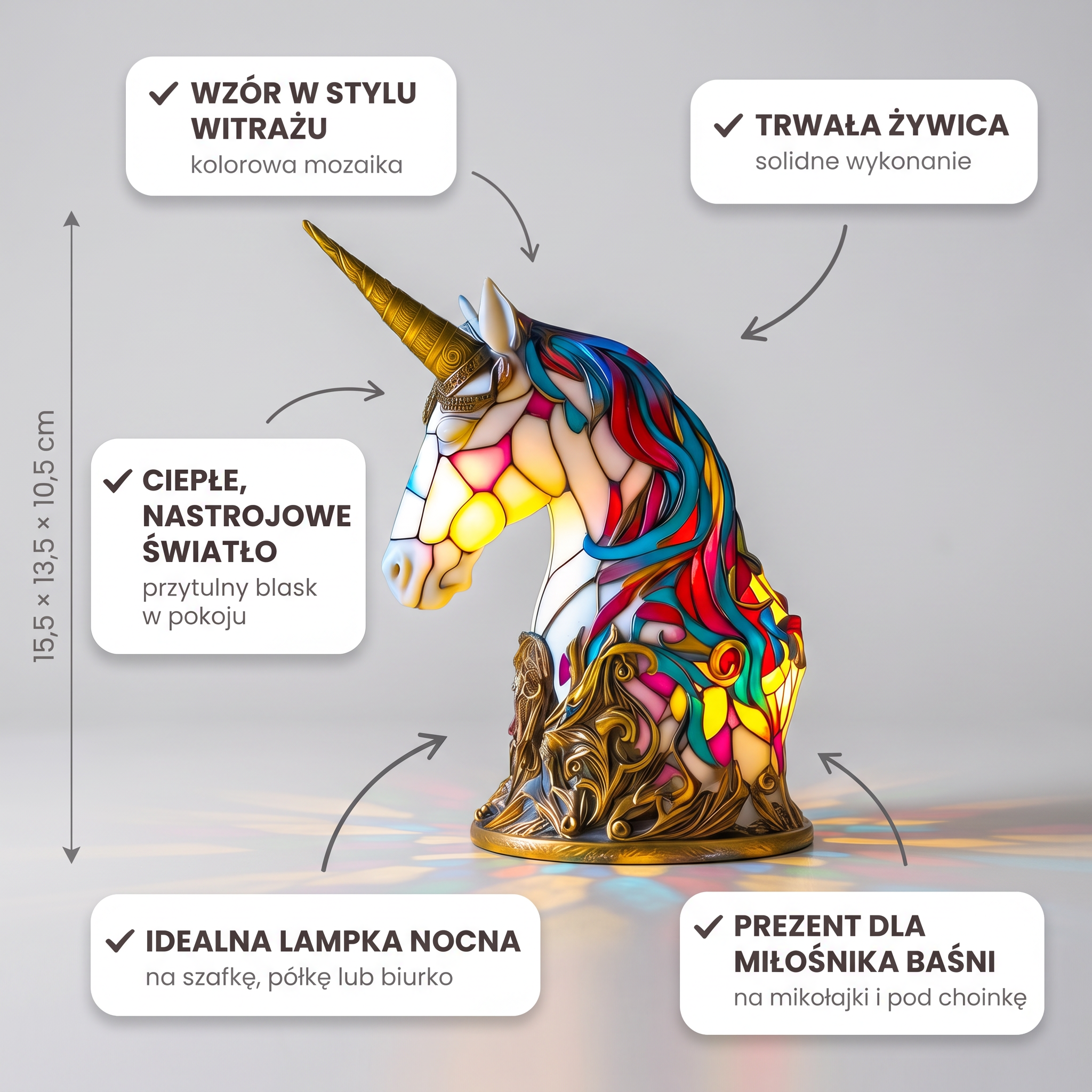 Lampa witrażowa - Czarujący jednorożec Luna - cechy i wymiary