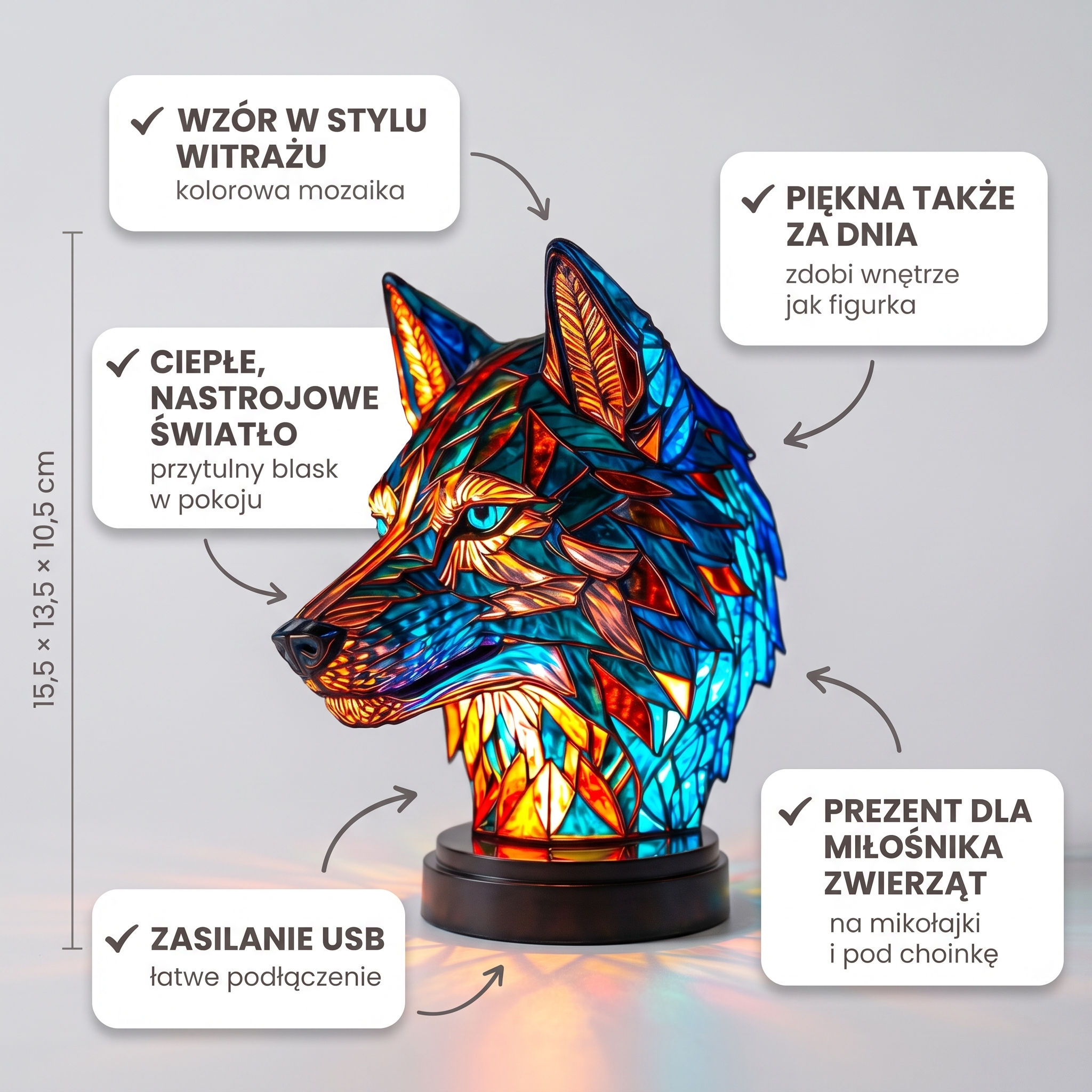 Lampa witrażowa - Czarujący wilk Bo - cechy i wymiary