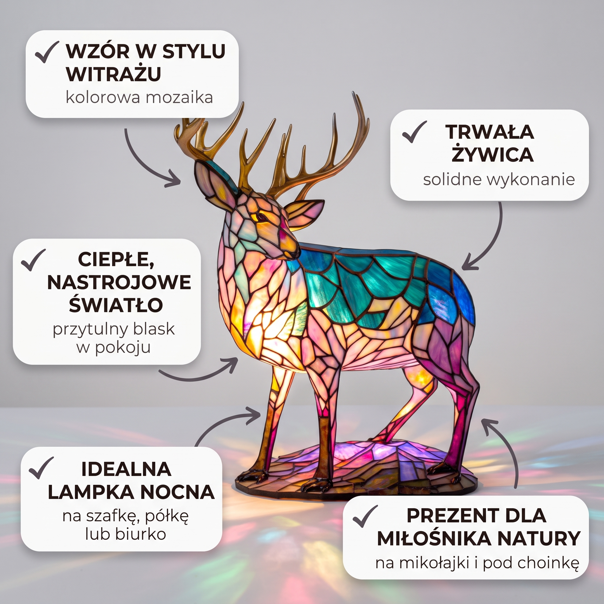 Lampa witrażowa - Czarujący jeleń Sandy - najważniejsze cechy