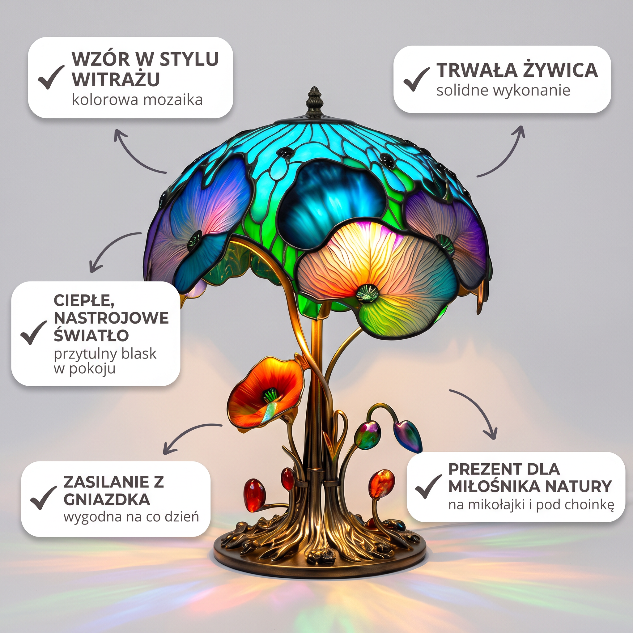 Lampa witrażowa - Kwiatowe grzyby boho - najważniejsze cechy