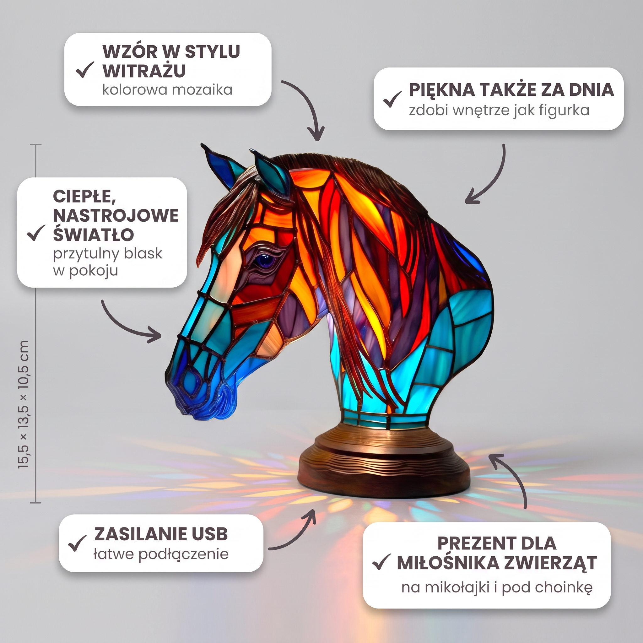 Lampa witrażowa - Czarujący koń Nova - cechy i wymiary