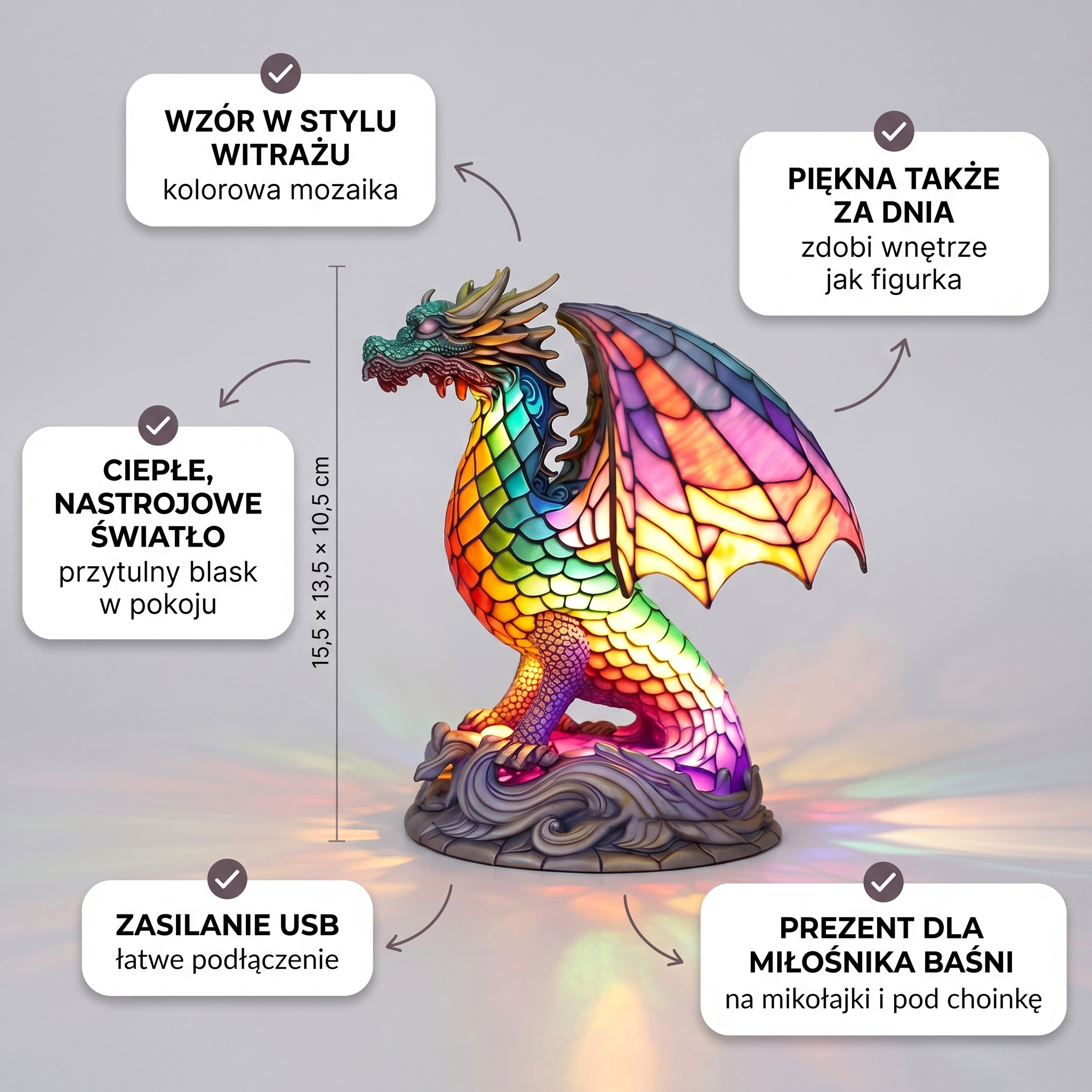 Lampa witrażowa - Czarujący smok Wammes - cechy i wymiary