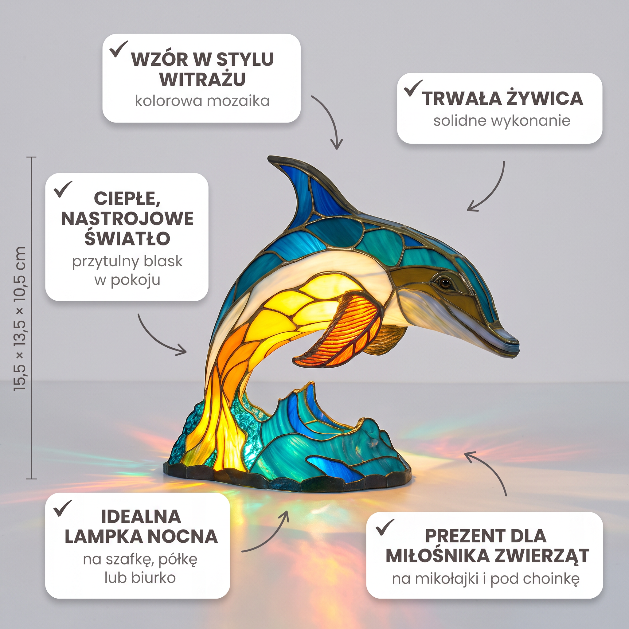 Lampa witrażowa - Czarujący delfin Cleo - cechy i wymiary