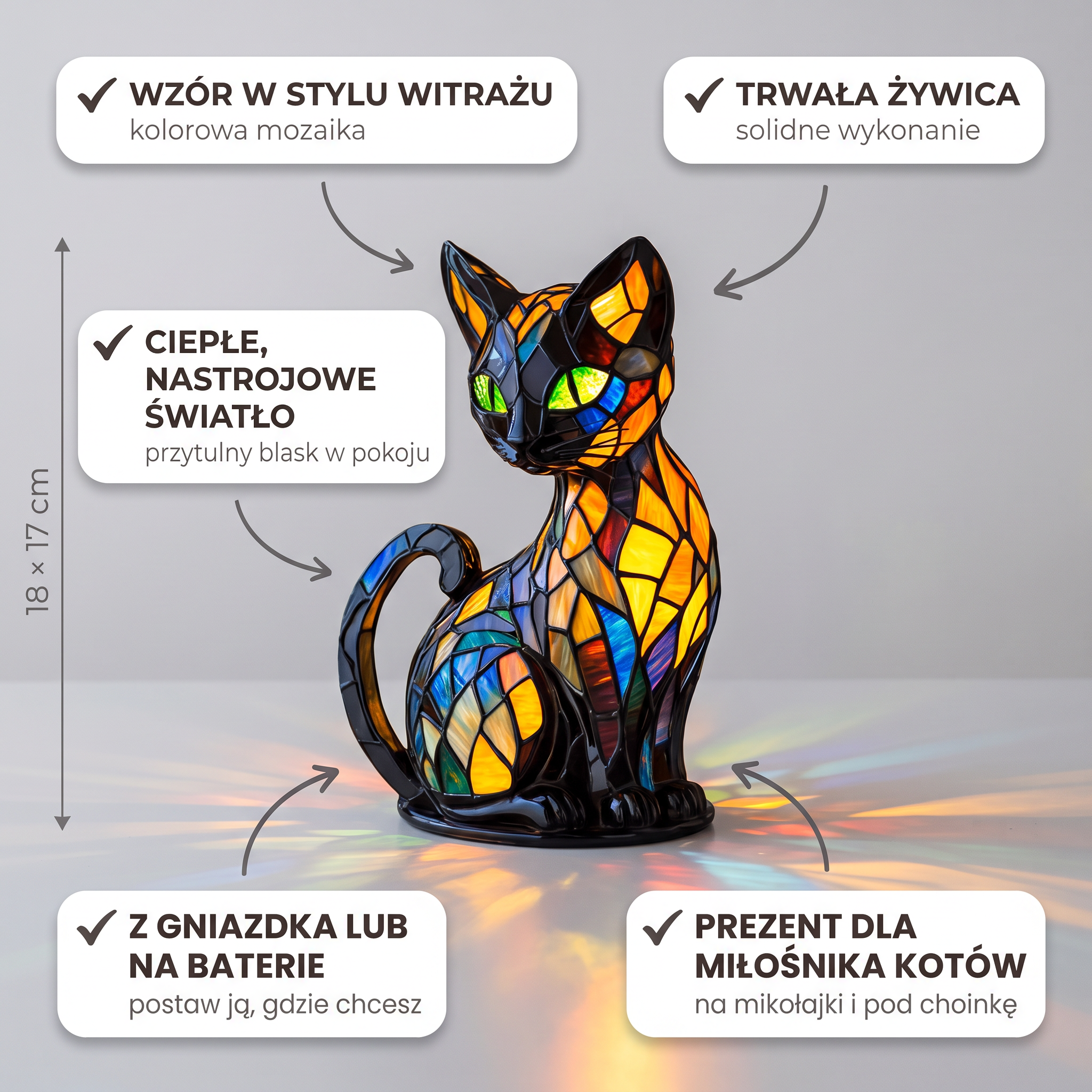 Lampa witrażowa - Kot pełen wdzięku - cechy i wymiary