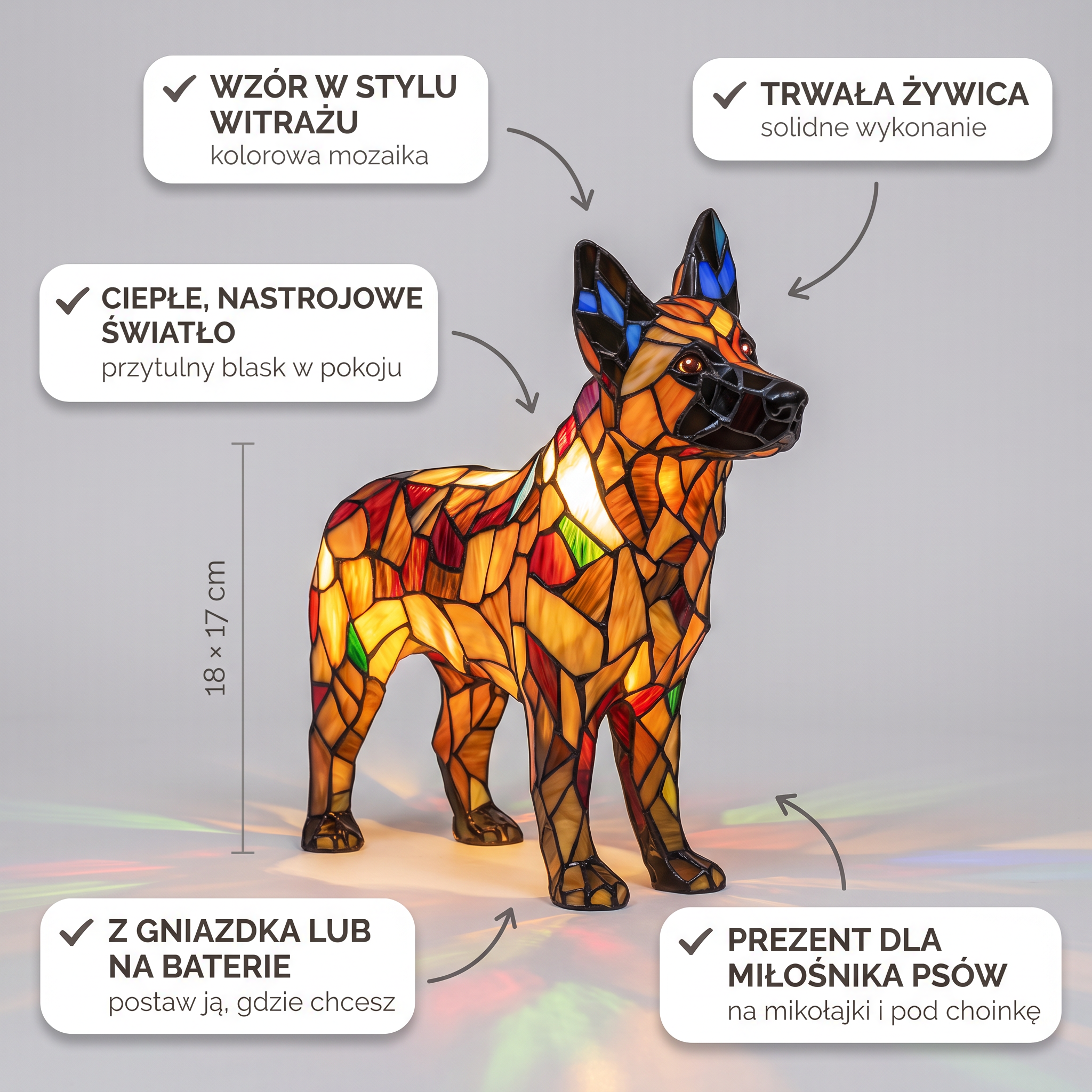 Lampa witrażowa - Owczarek niemiecki - cechy i wymiary