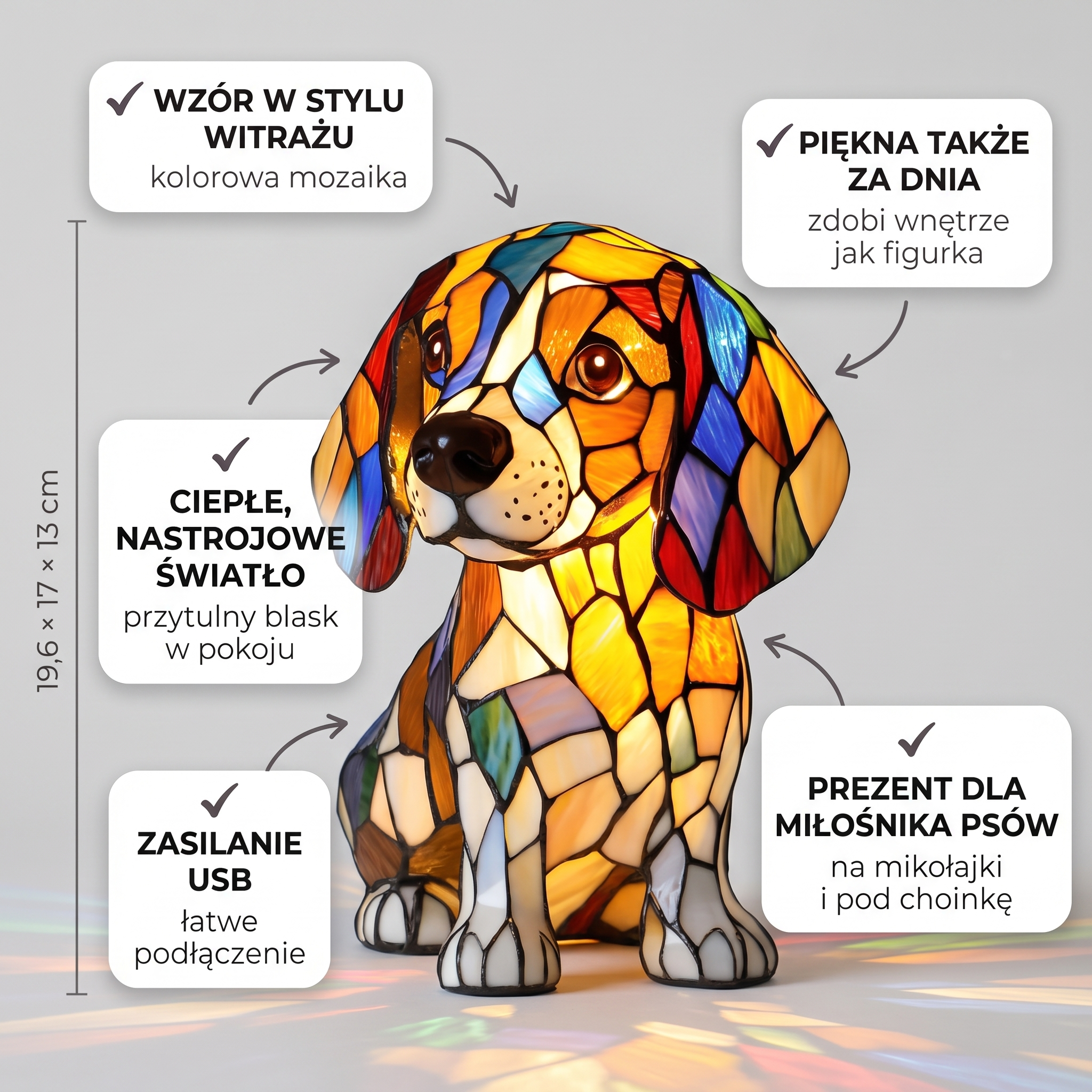 Lampa witrażowa - Siedzący beagle - cechy i wymiary