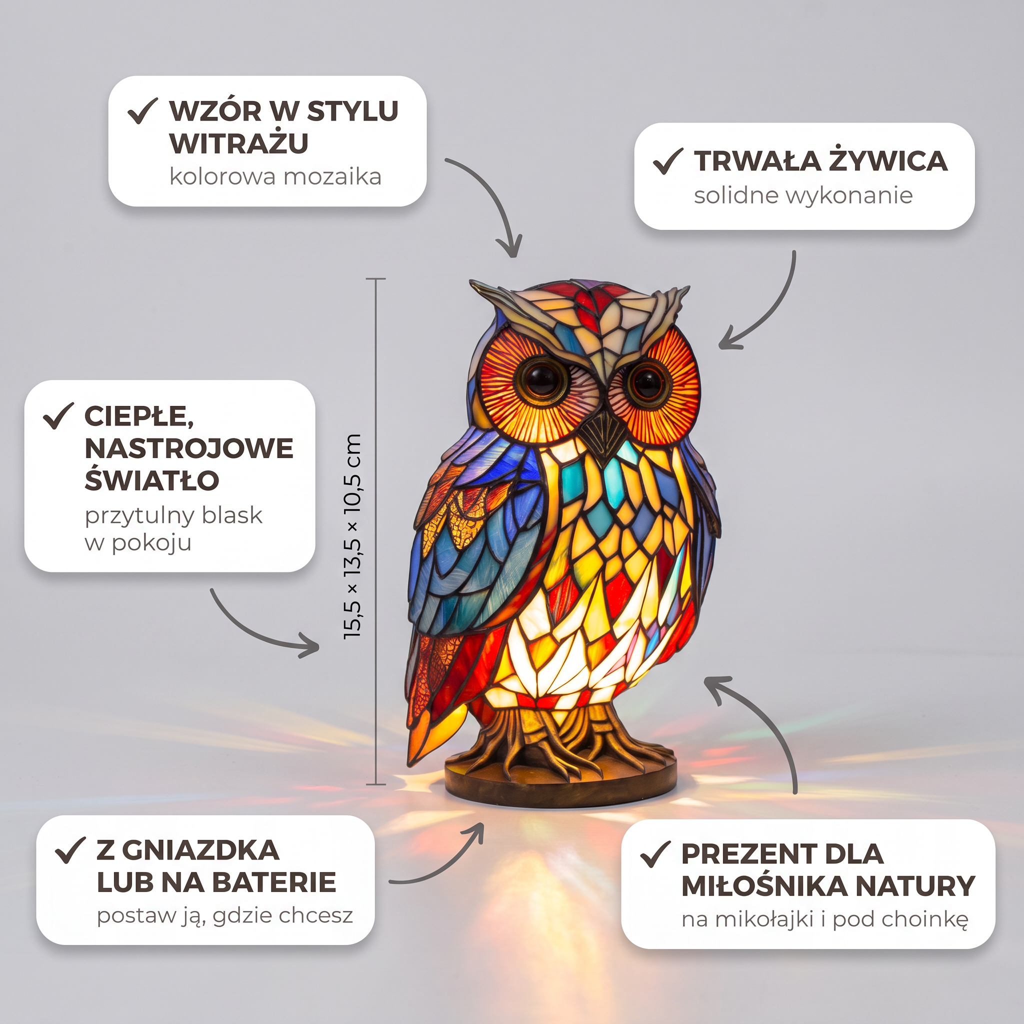 Lampa witrażowa - Sowa - cechy i wymiary