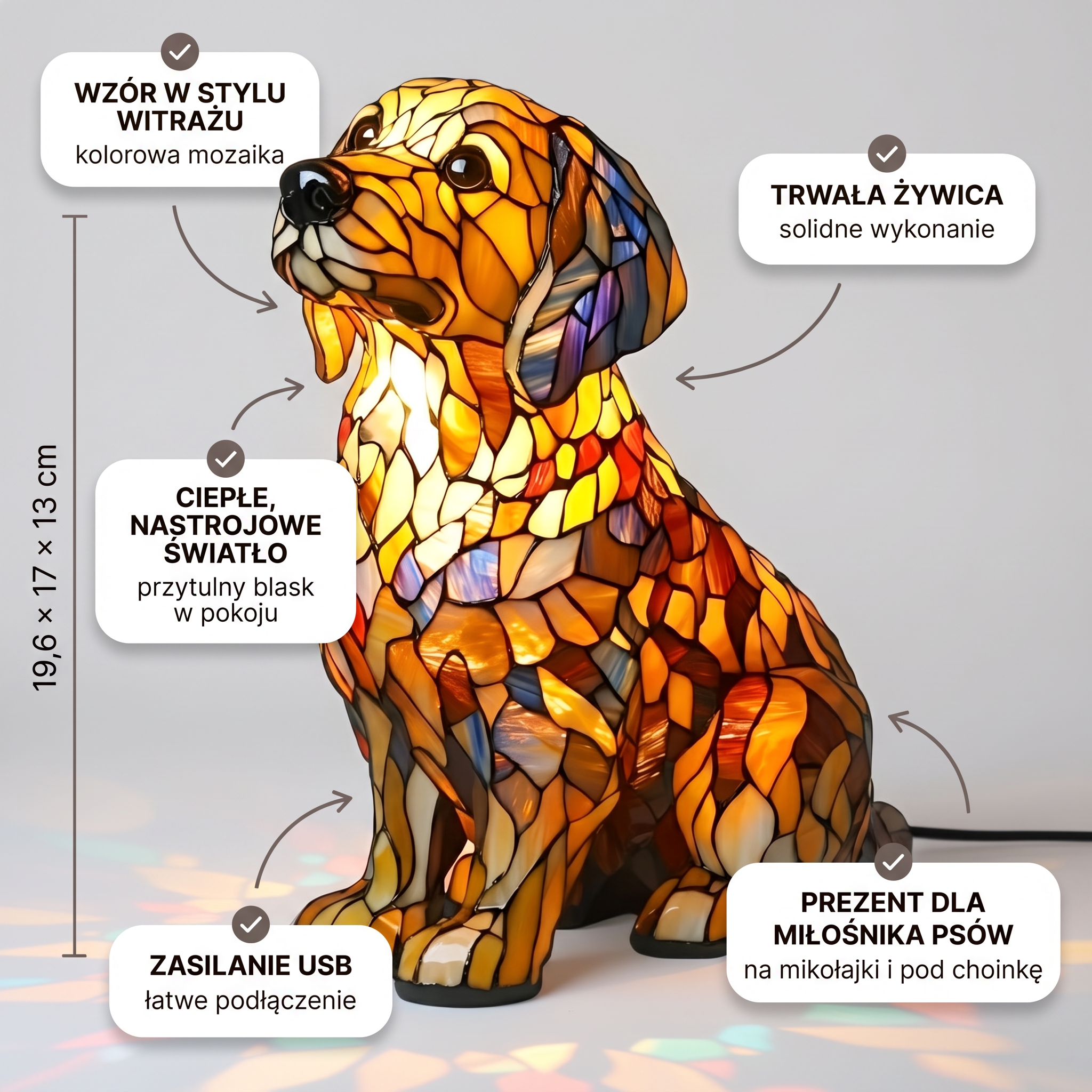 Lampa witrażowa - Golden Retriever - cechy i wymiary