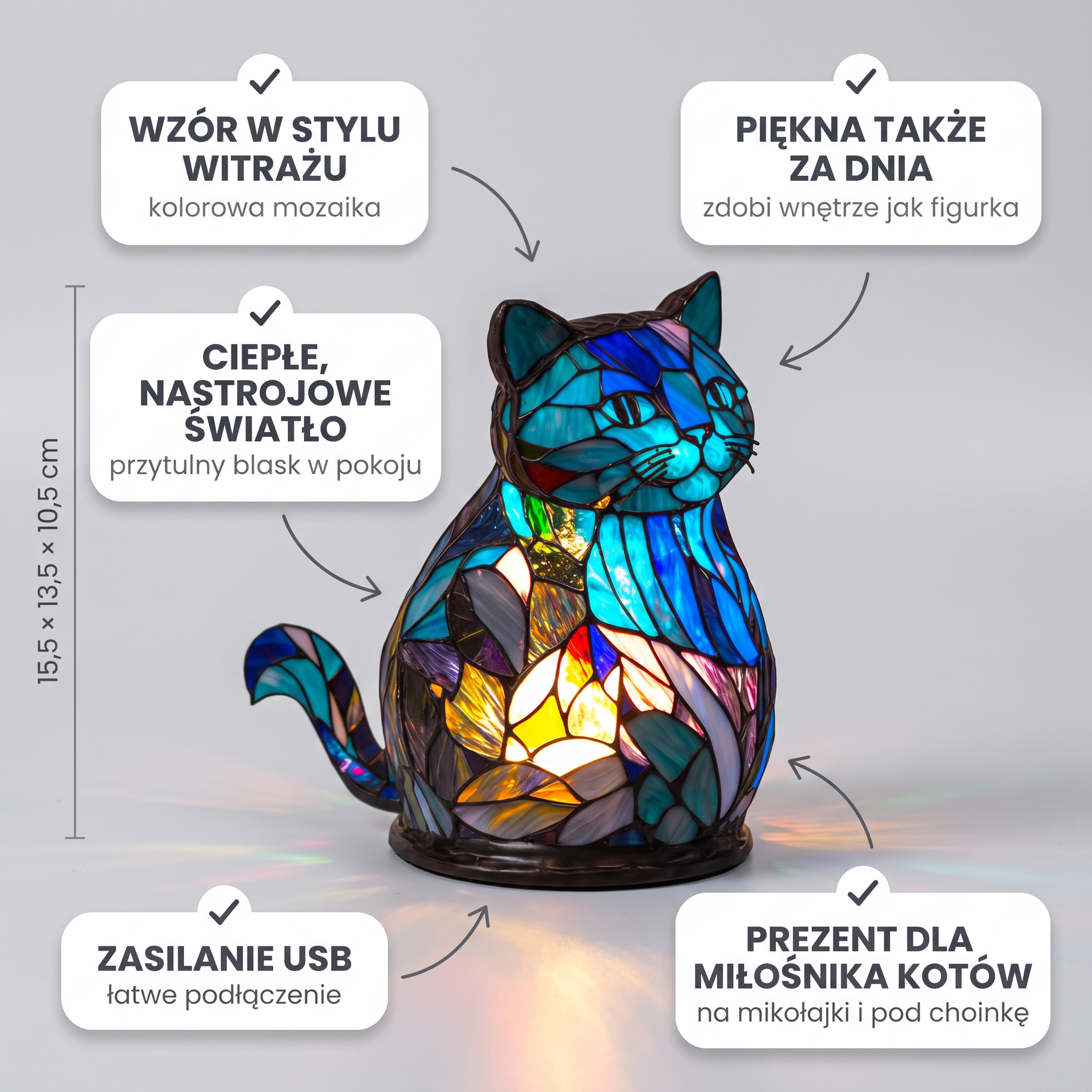 Lampa witrażowa - Czarujący rudy kot - cechy i wymiary