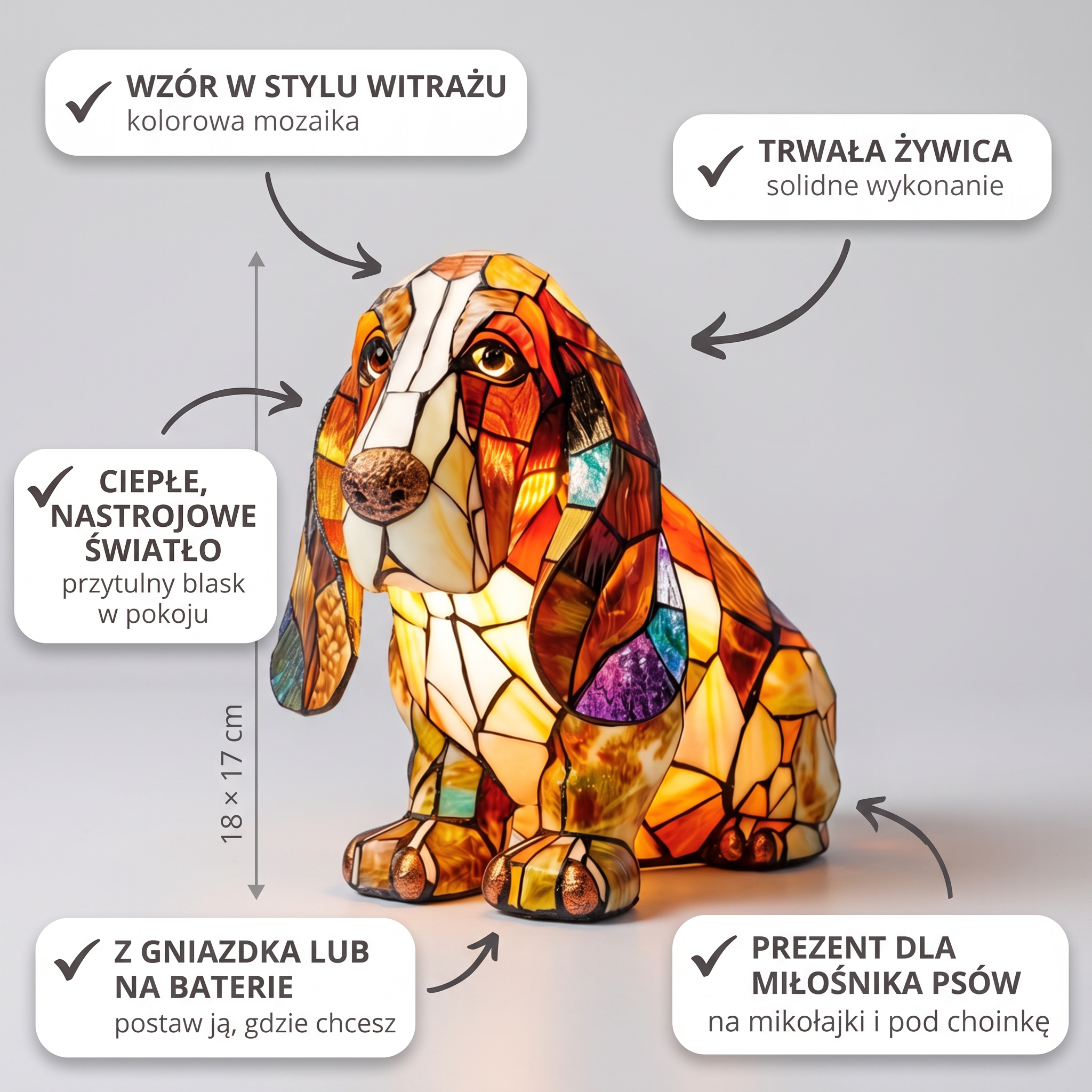 Lampa witrażowa - Basset Hound - cechy i wymiary