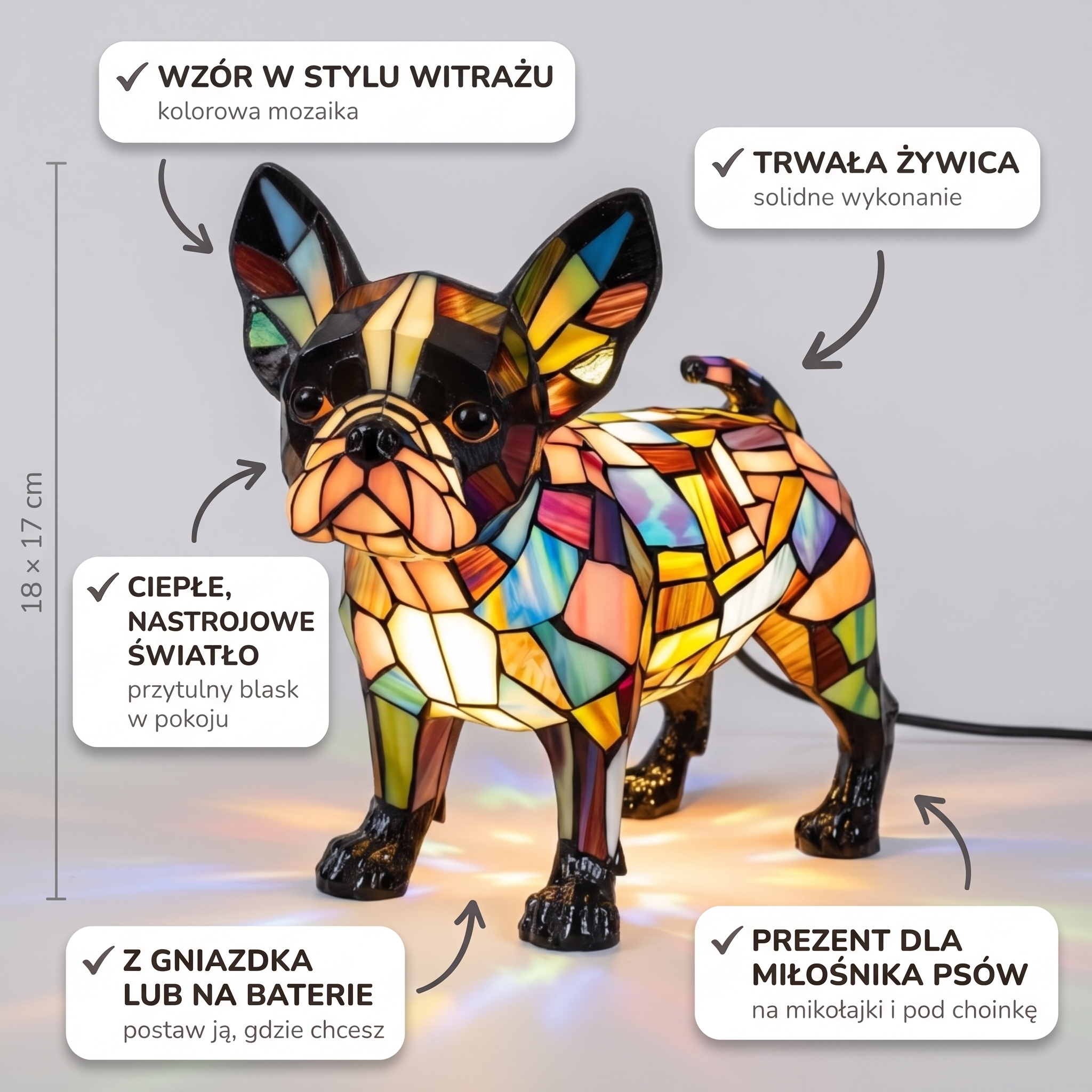 Lampa witrażowa - Błyszczący buldog francuski - cechy i wymiary