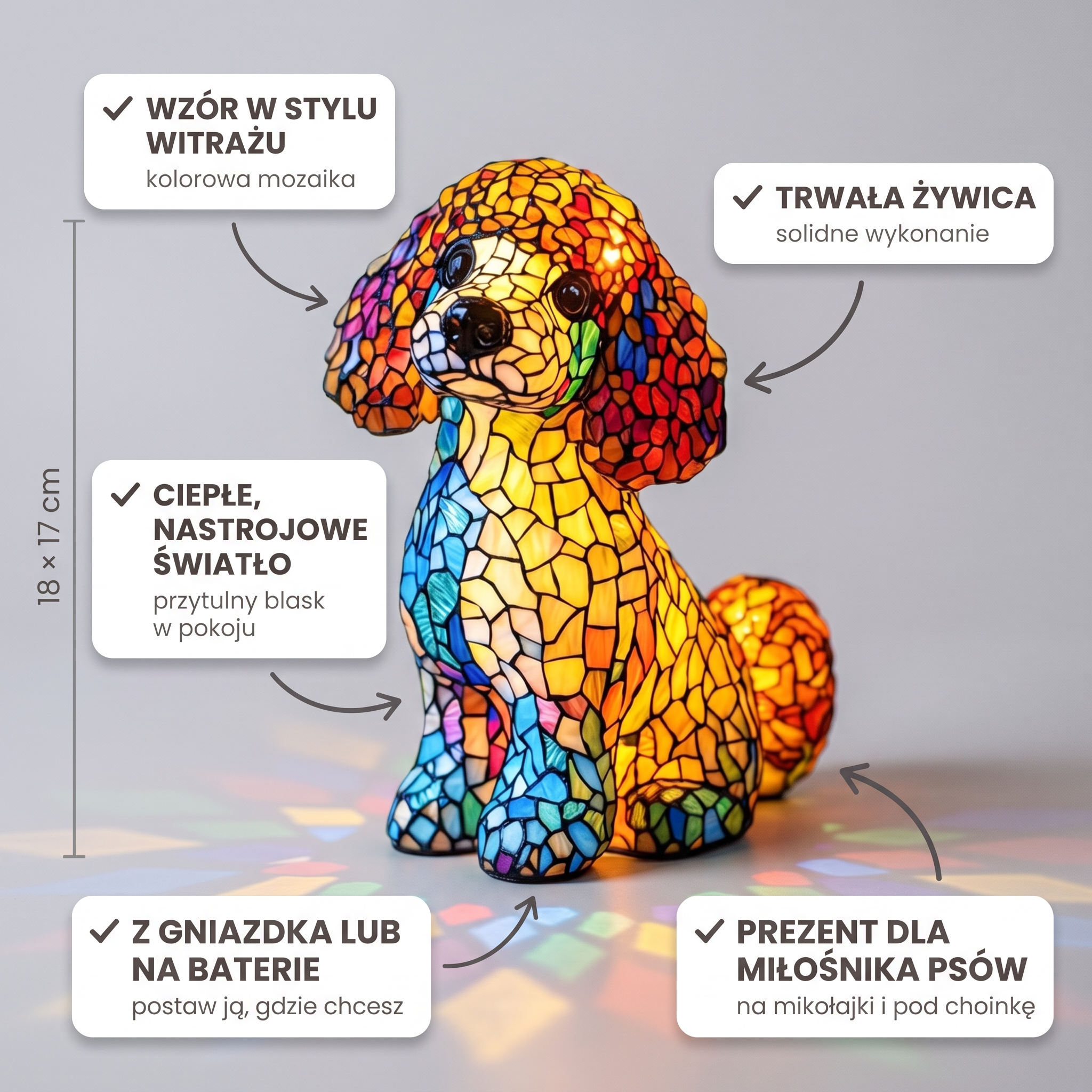 Lampa witrażowa - Siedzący pudel - cechy i wymiary