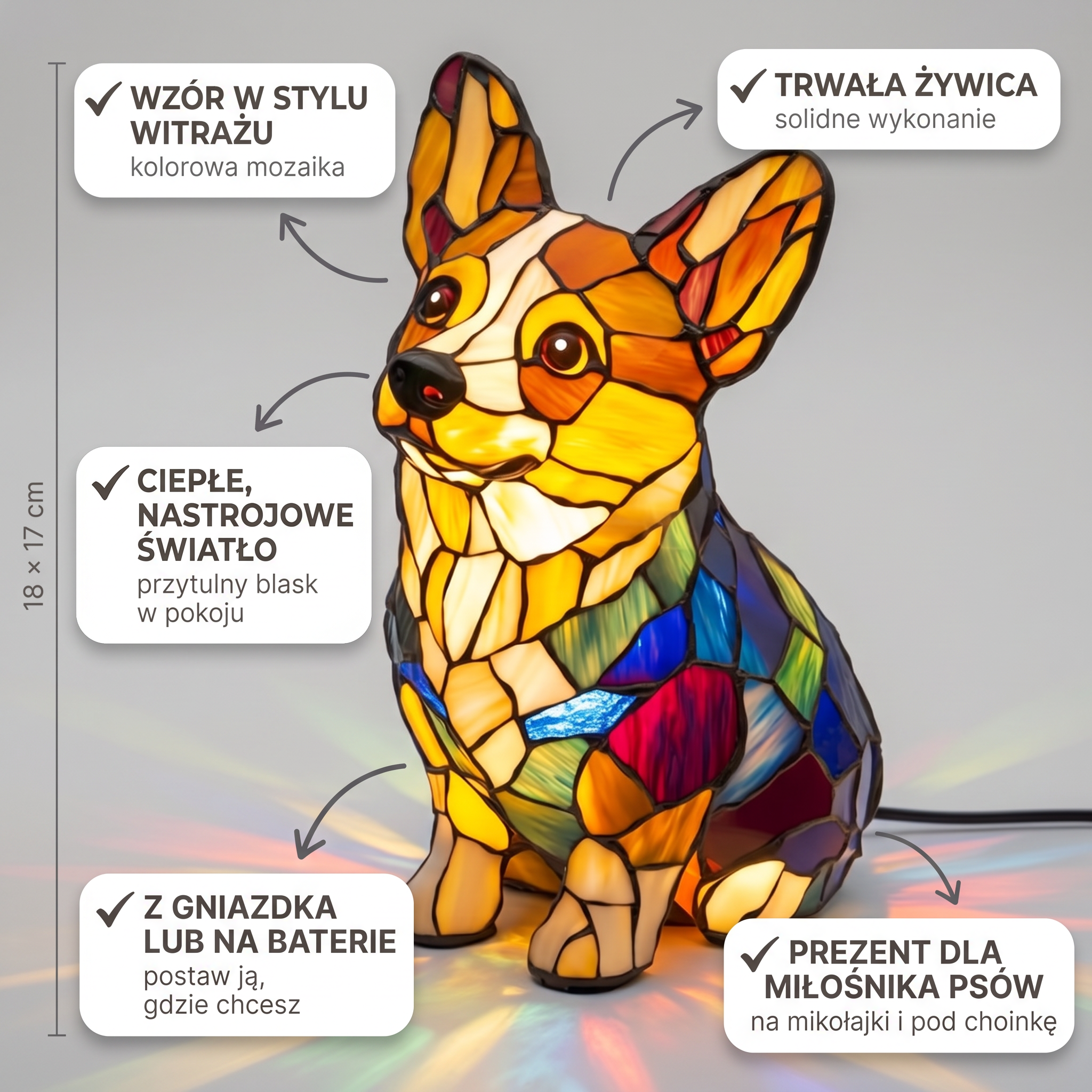 Lampa witrażowa - Siedzący corgi - cechy i wymiary