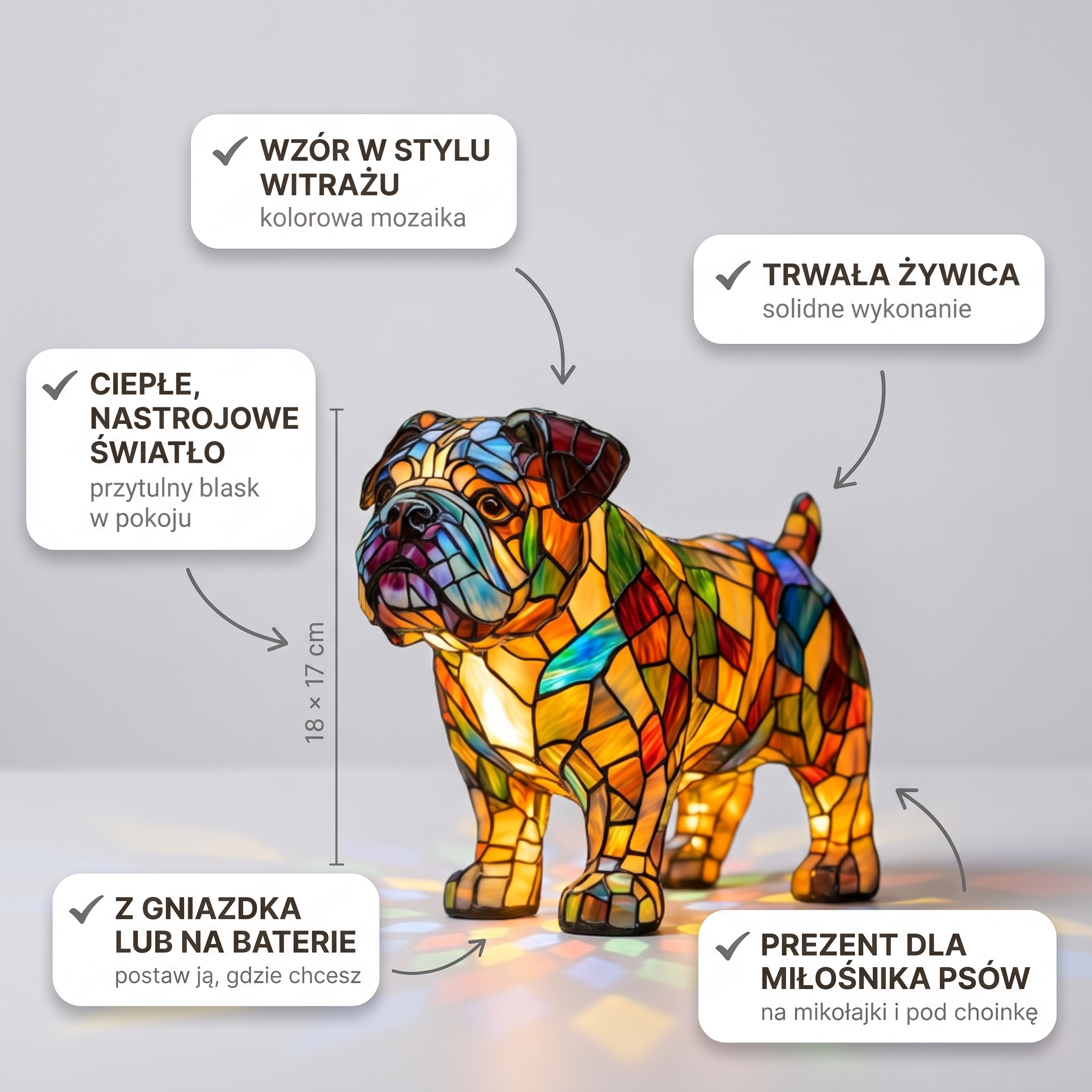 Lampa witrażowa - Buldog angielski - cechy i wymiary