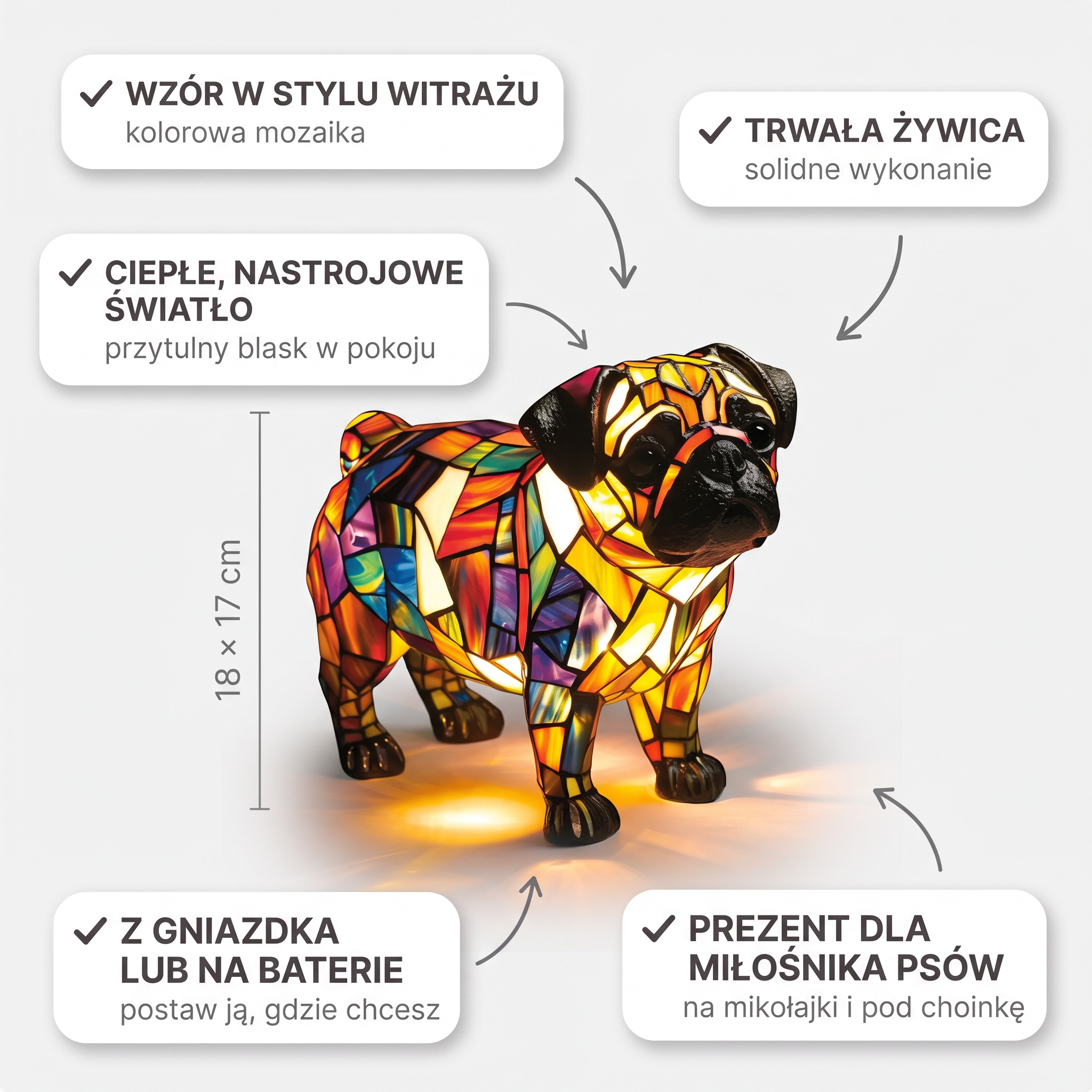 Lampa witrażowa - Mops - cechy i wymiary