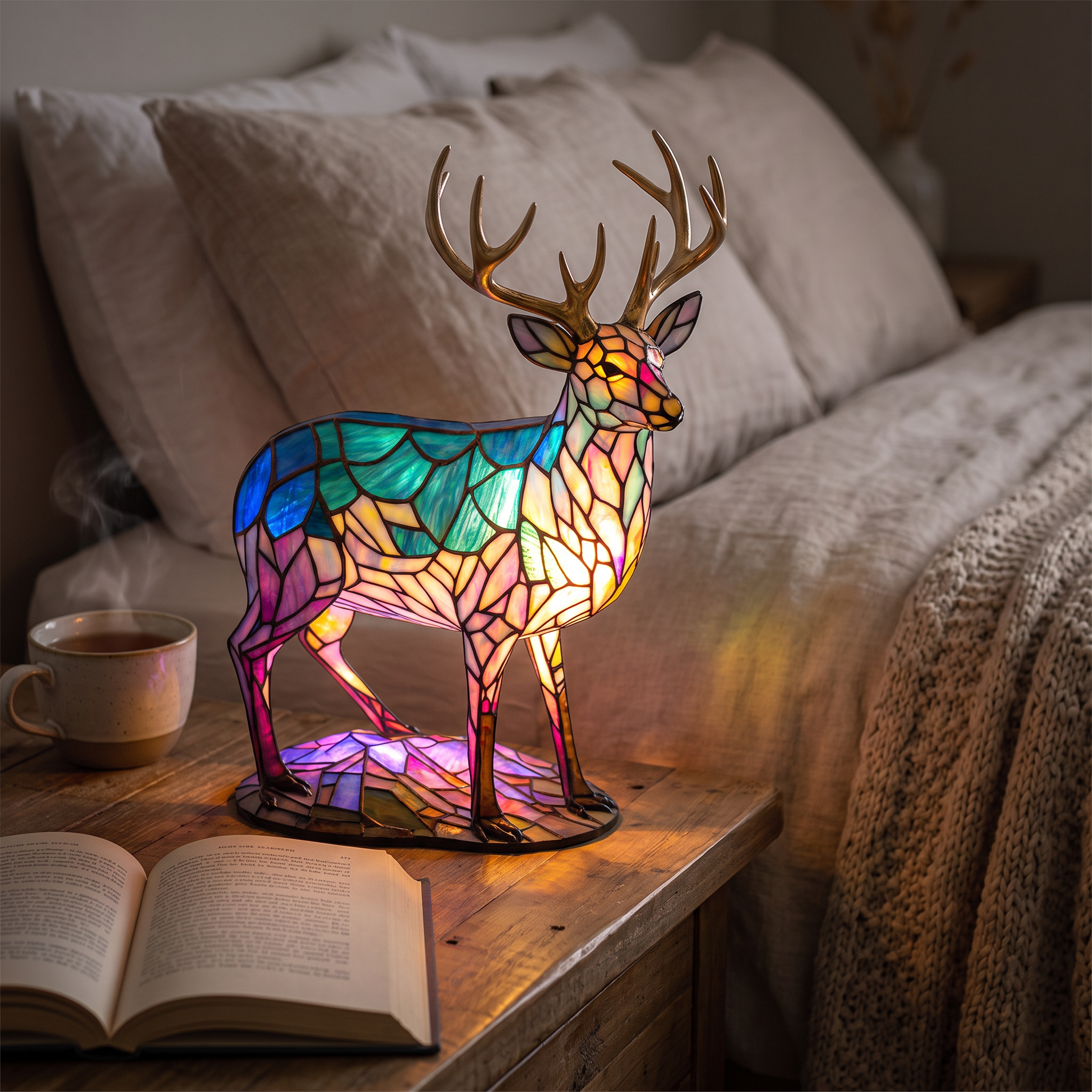 Lampa witrażowa - Czarujący jeleń Sandy - lampka nocna w sypialni