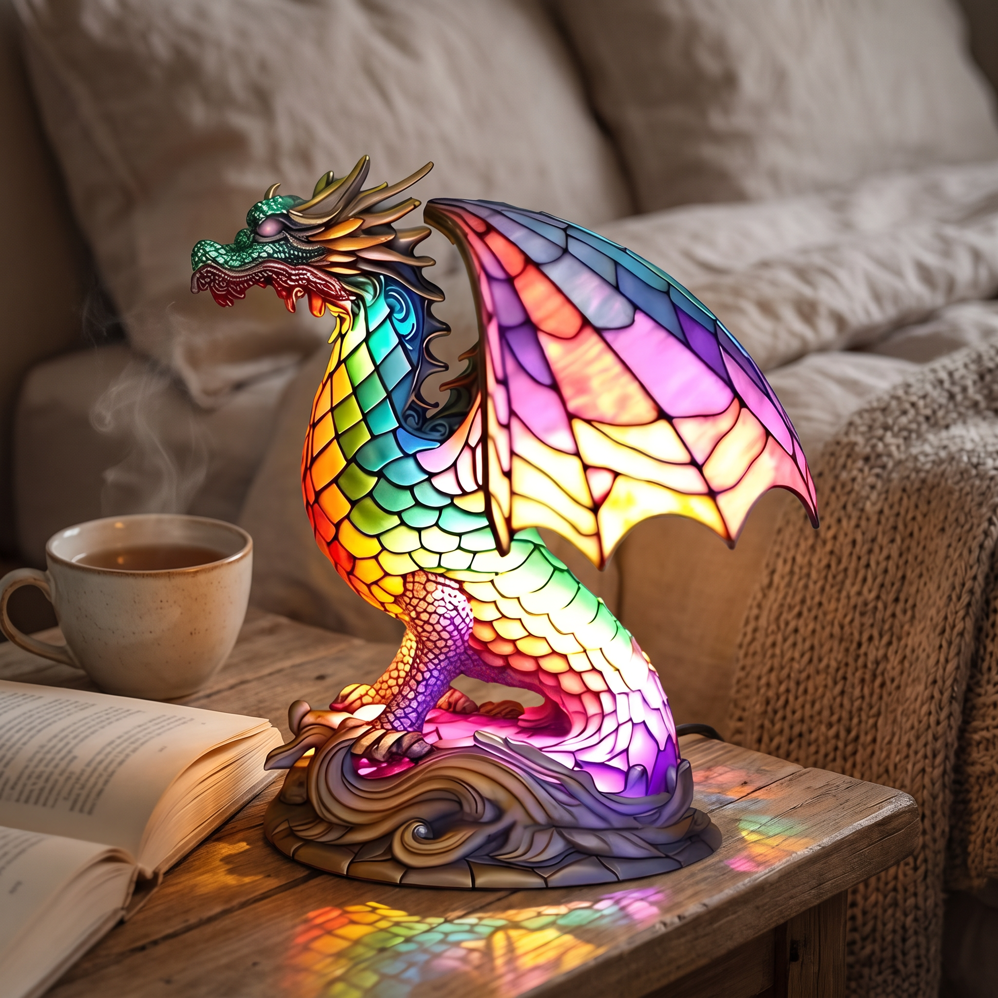 Lampa witrażowa - Czarujący smok Wammes - lampka nocna w sypialni