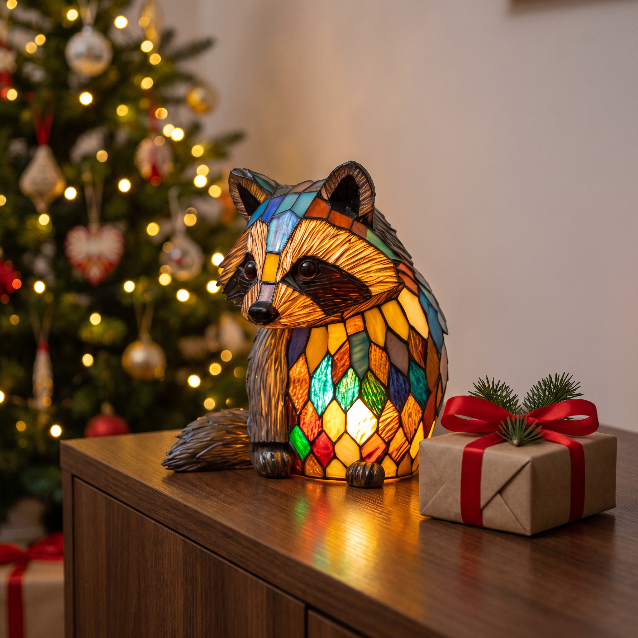 Lampa witrażowa - Zachwycający szop pracz Jackie - prezent pod choinkę