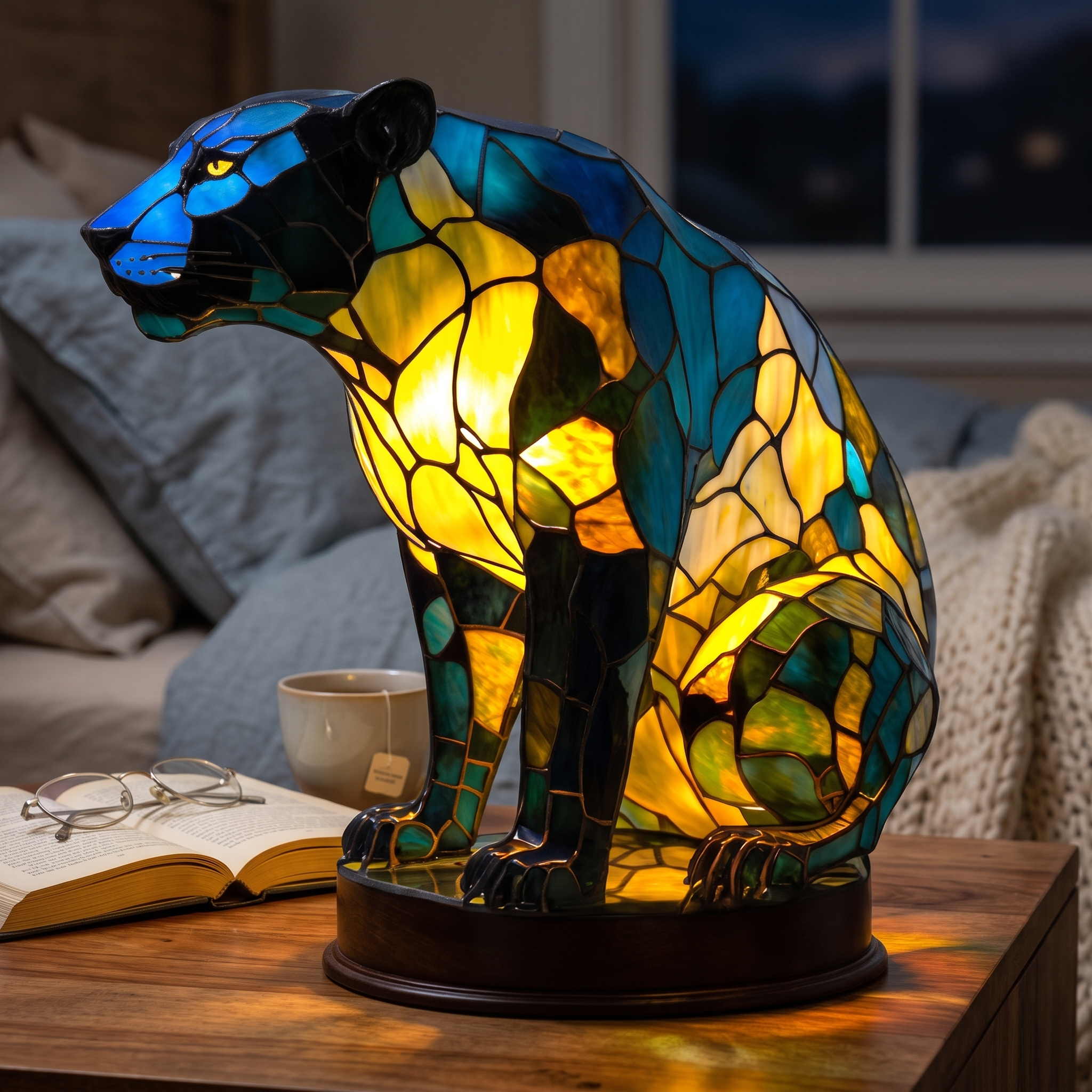 Lampa witrażowa - Czarująca pantera - lampka nocna w sypialni
