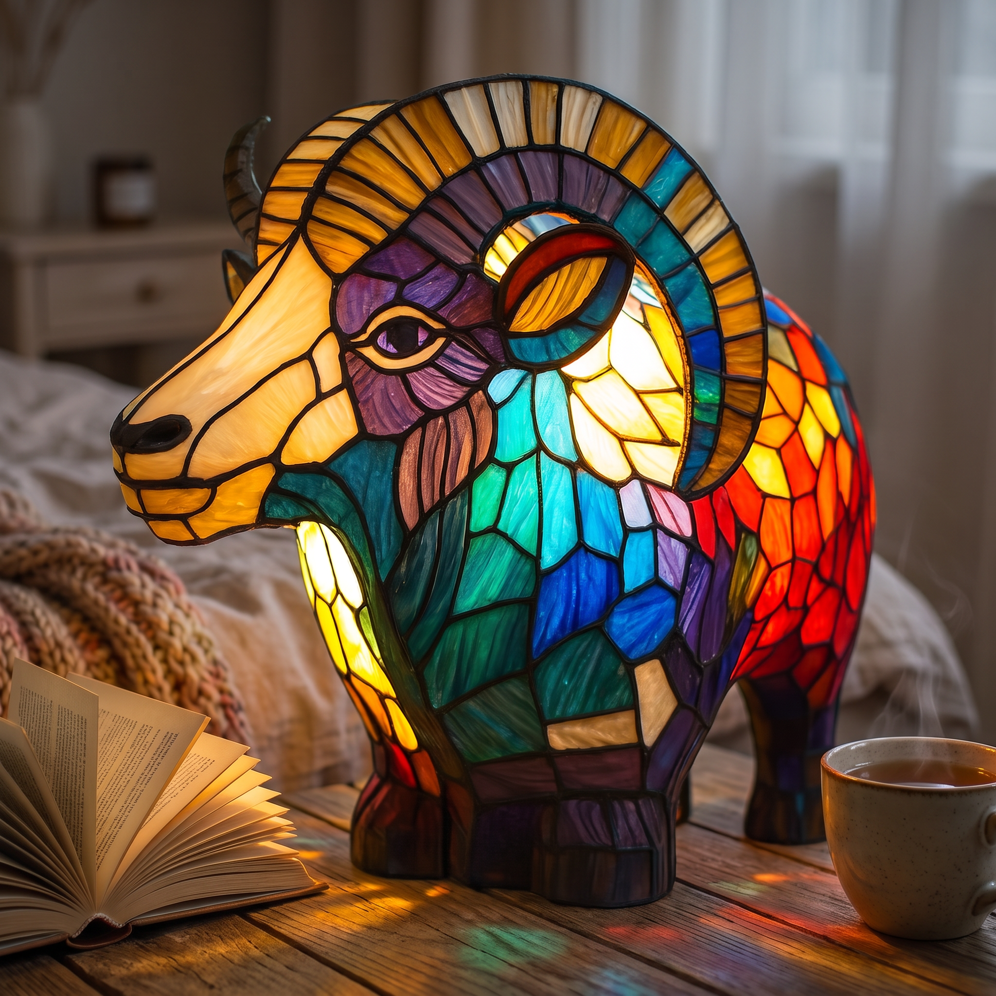 Lampa witrażowa - Czarująca koza Jip - lampka nocna w sypialni