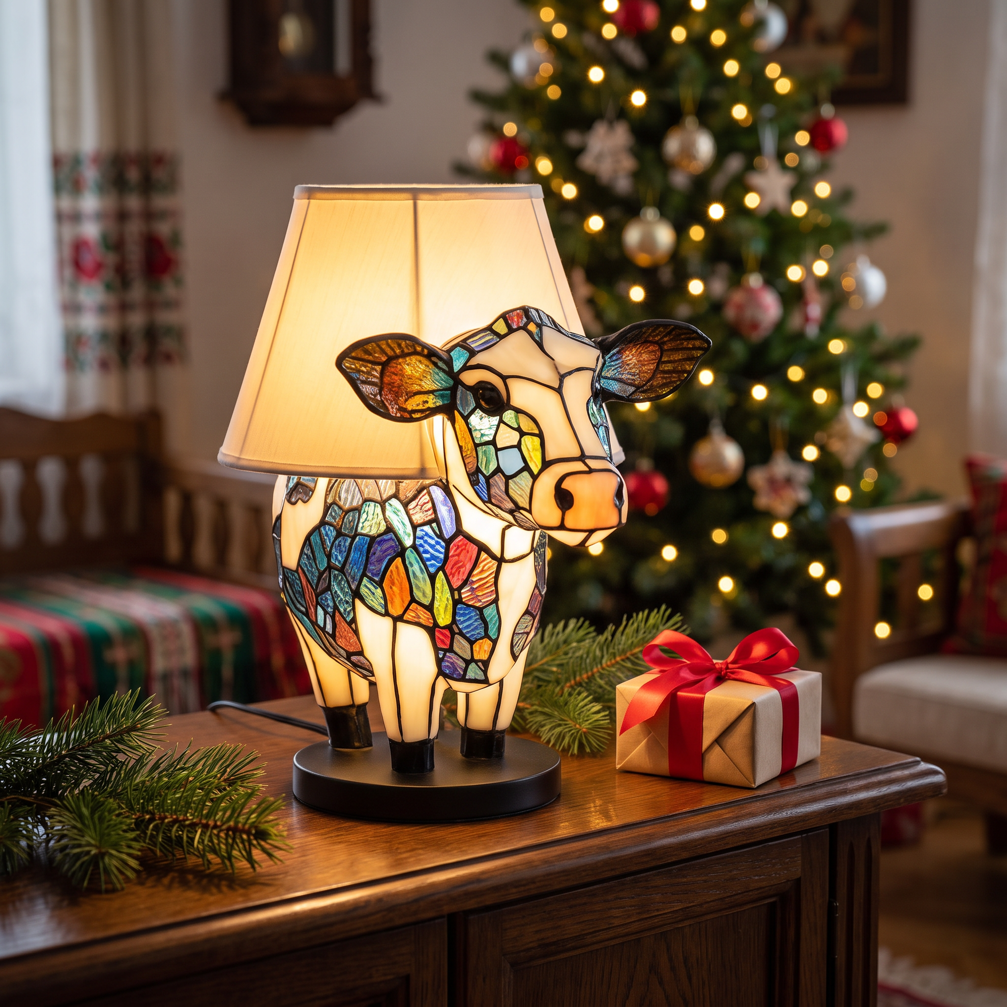 Lampa witrażowa - Czarująca krowa Holstein - prezent pod choinkę