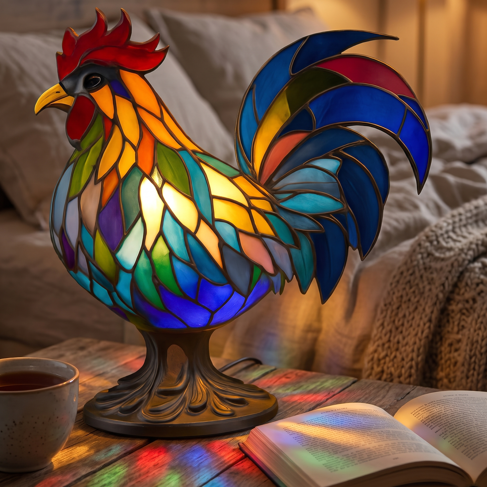 Lampa witrażowa - Czarujący kogut Ollie - lampka nocna w sypialni