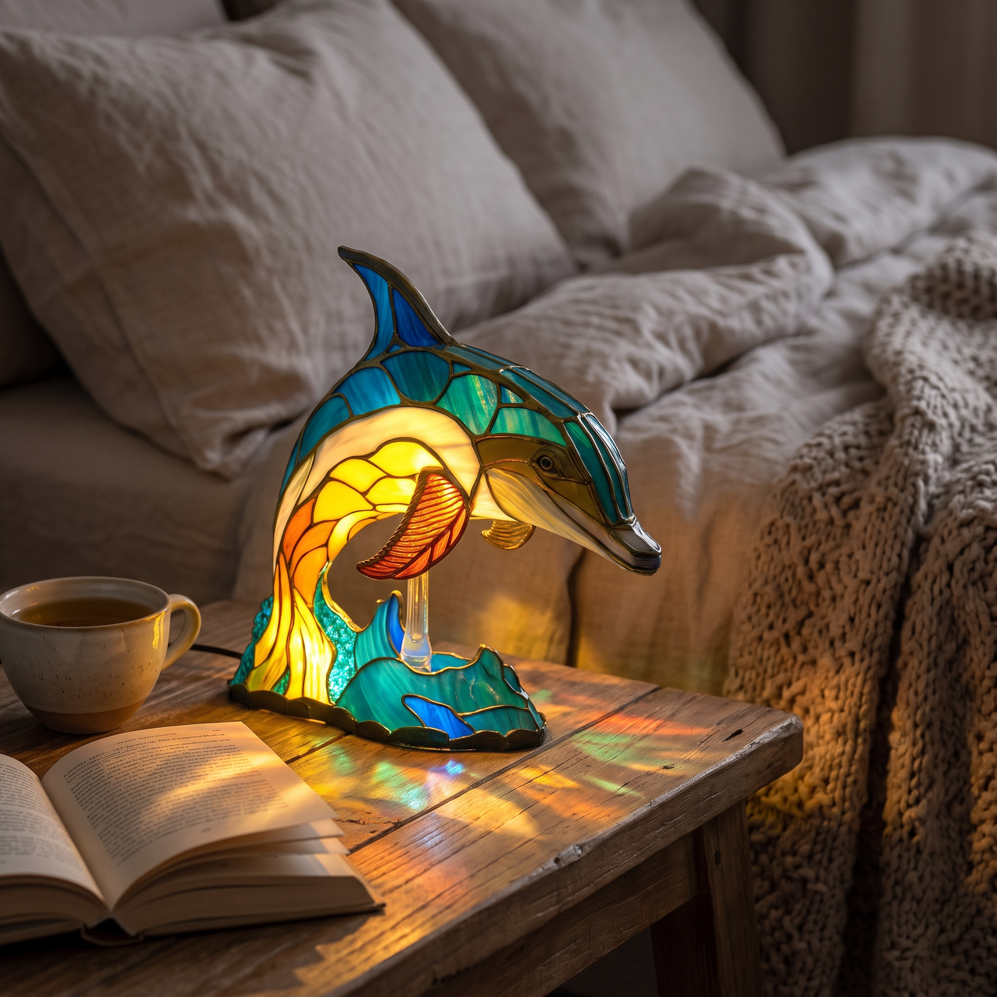 Lampa witrażowa - Czarujący delfin Cleo - lampka nocna w sypialni