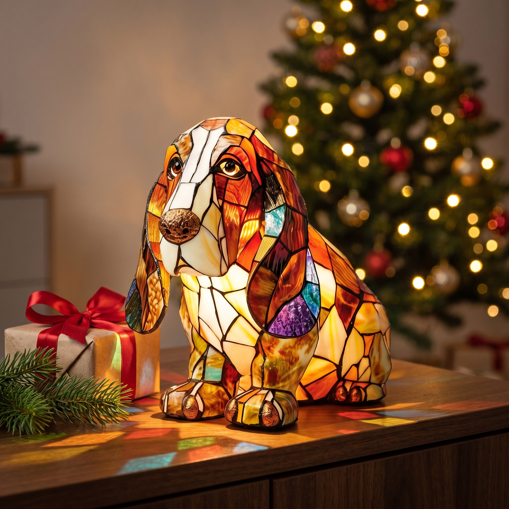 Lampa witrażowa - Basset Hound - prezent pod choinkę