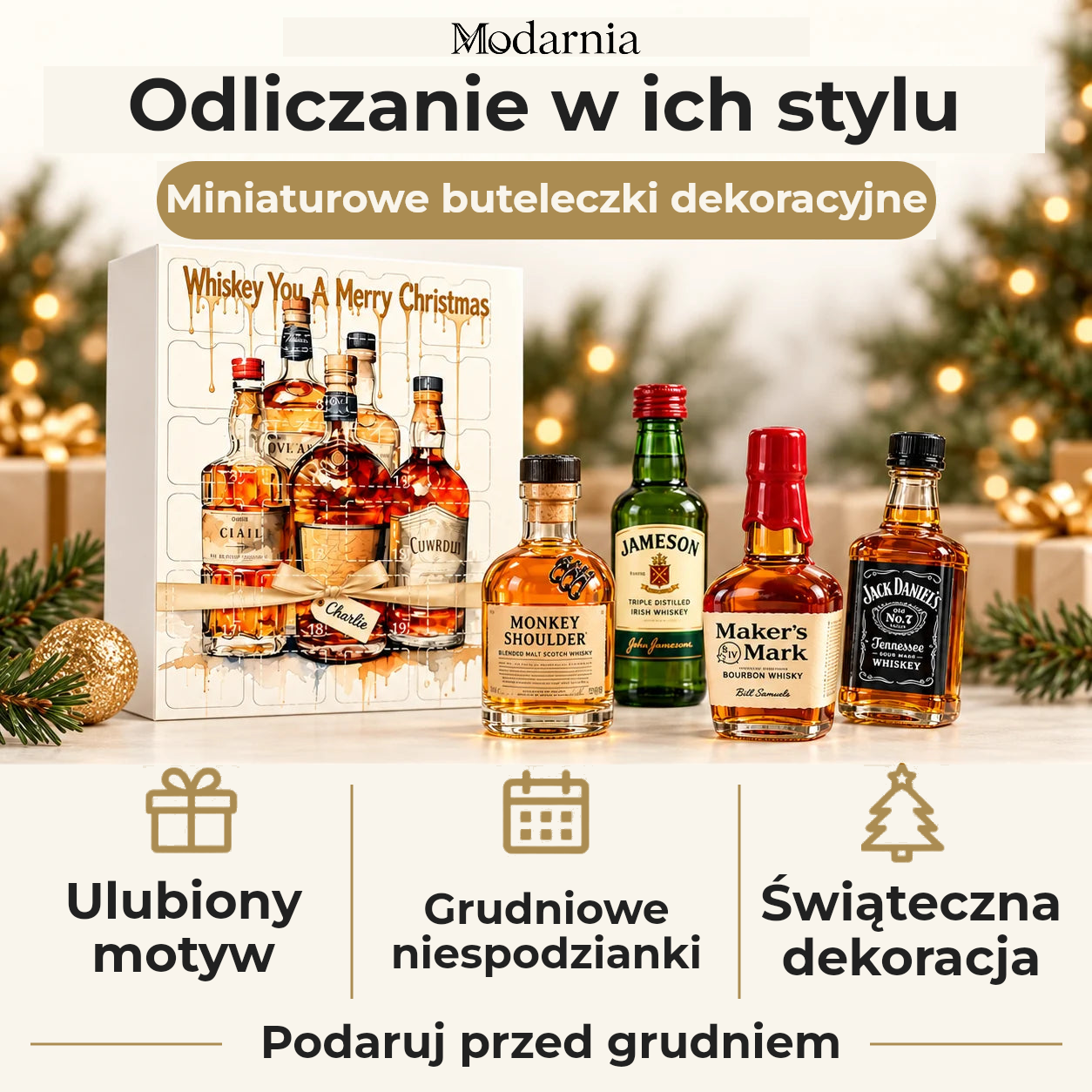 Kalendarz adwentowy z ozdobnymi miniaturami butelek – kolekcja whisky – dekoracyjne miniatury butelek, osobisty motyw, grudniowe niespodzianki i świąteczna aranżacja. Wręcz przed grudniem.
