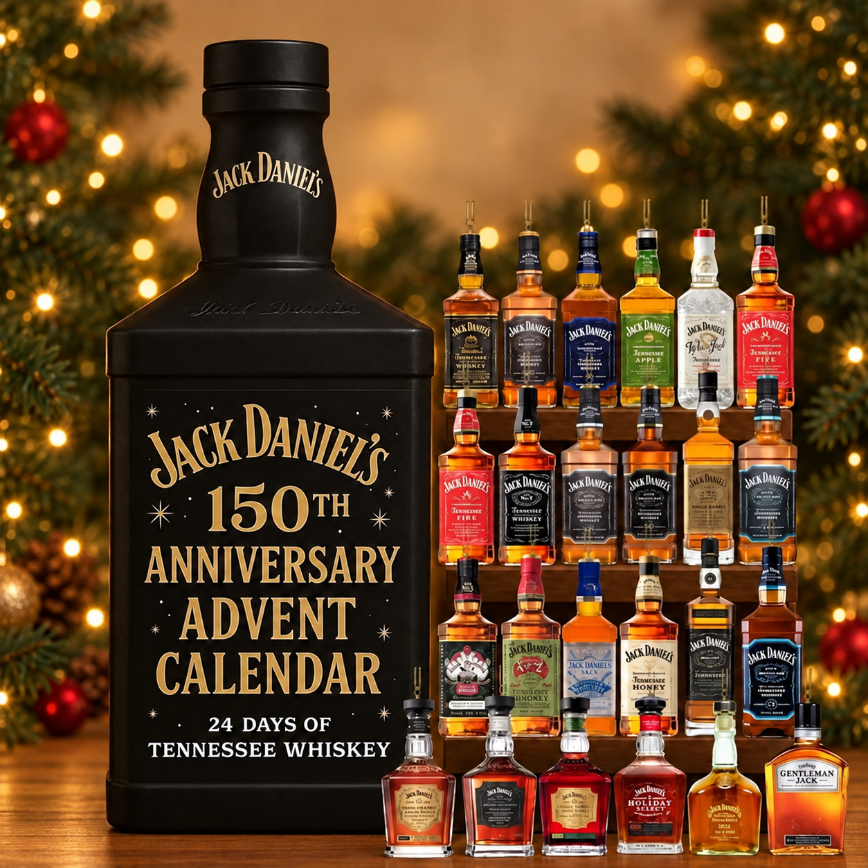 Kalendarz adwentowy z ozdobnymi miniaturami butelek – wzór Jack Daniel’s – widok produktu.