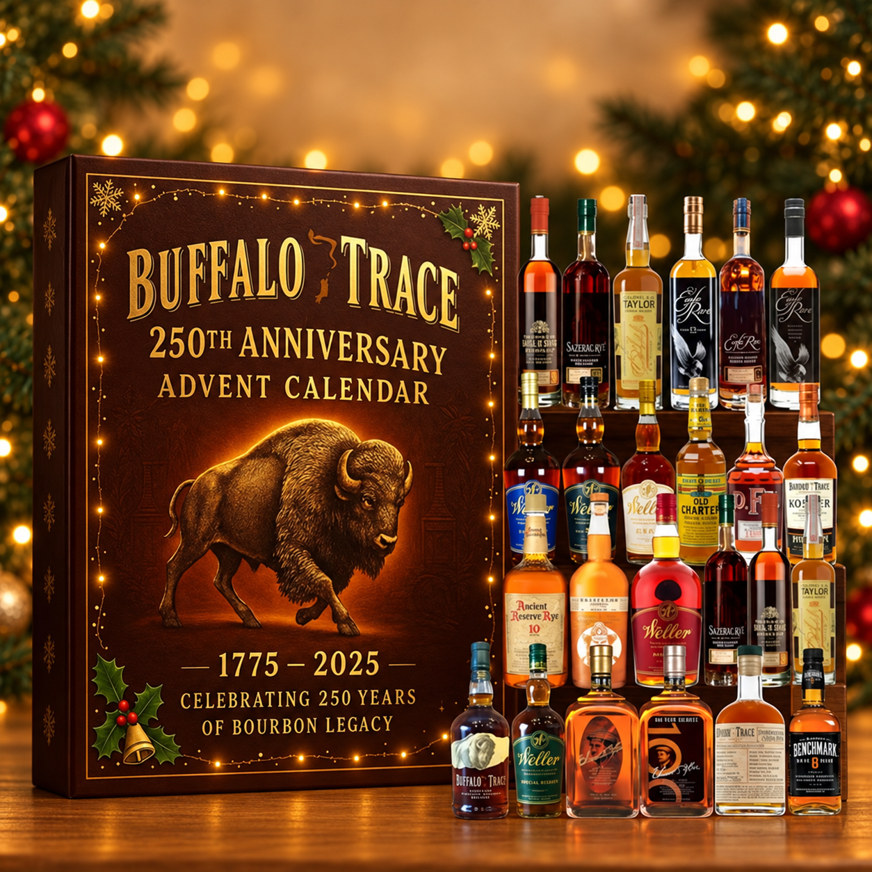 Kalendarz adwentowy z ozdobnymi miniaturami butelek – wzór Buffalo Trace – widok produktu.
