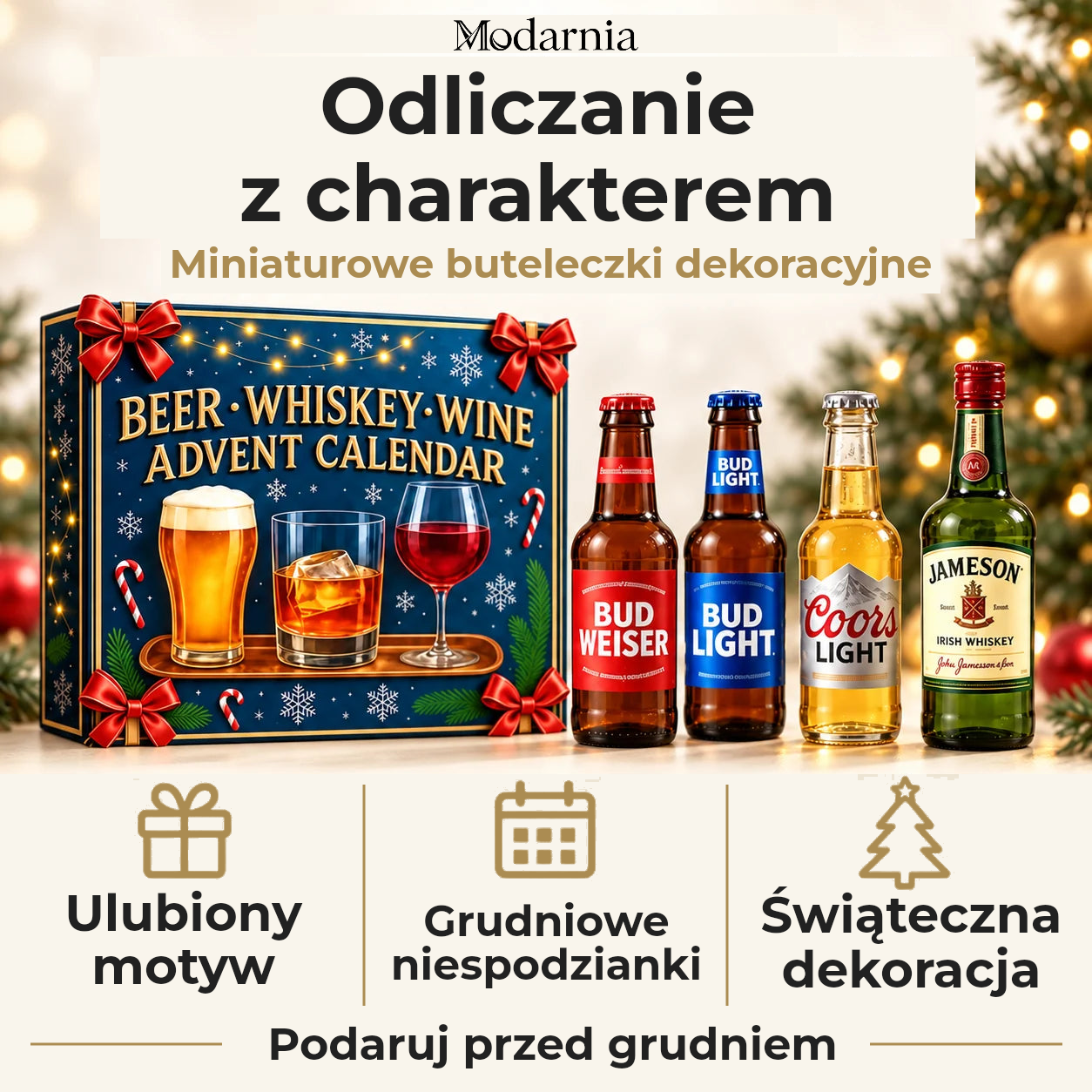 Kalendarz adwentowy z ozdobnymi miniaturami butelek – piwo, whisky i wino – dekoracyjne miniatury butelek, osobisty motyw, grudniowe niespodzianki i świąteczna aranżacja. Wręcz przed grudniem.