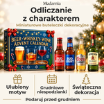 Kalendarz adwentowy z ozdobnymi miniaturami butelek – piwo, whisky i wino – dekoracyjne miniatury butelek, osobisty motyw, grudniowe niespodzianki i świąteczna aranżacja. Wręcz przed grudniem.