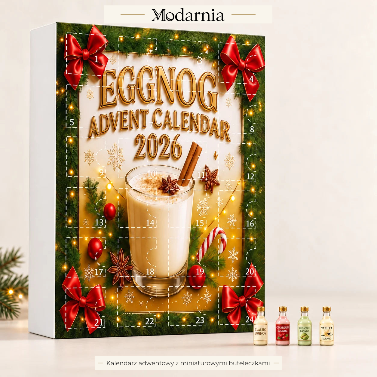 Kalendarz adwentowy z ozdobnymi miniaturami butelek – Eggnog – opakowanie kalendarza z trójwymiarowymi, dekoracyjnymi miniaturami butelek.
