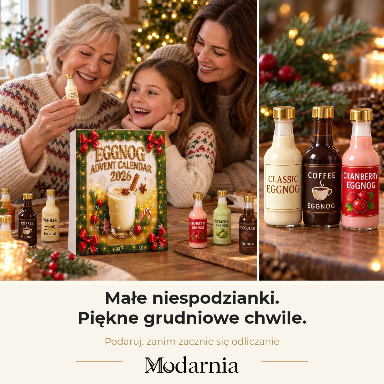 Kalendarz adwentowy Eggnog z ozdobnymi miniaturami butelek. Babcia z córką i wnuczęciem cieszy się odliczaniem; obok zbliżenia wzorów miniaturowych butelek.