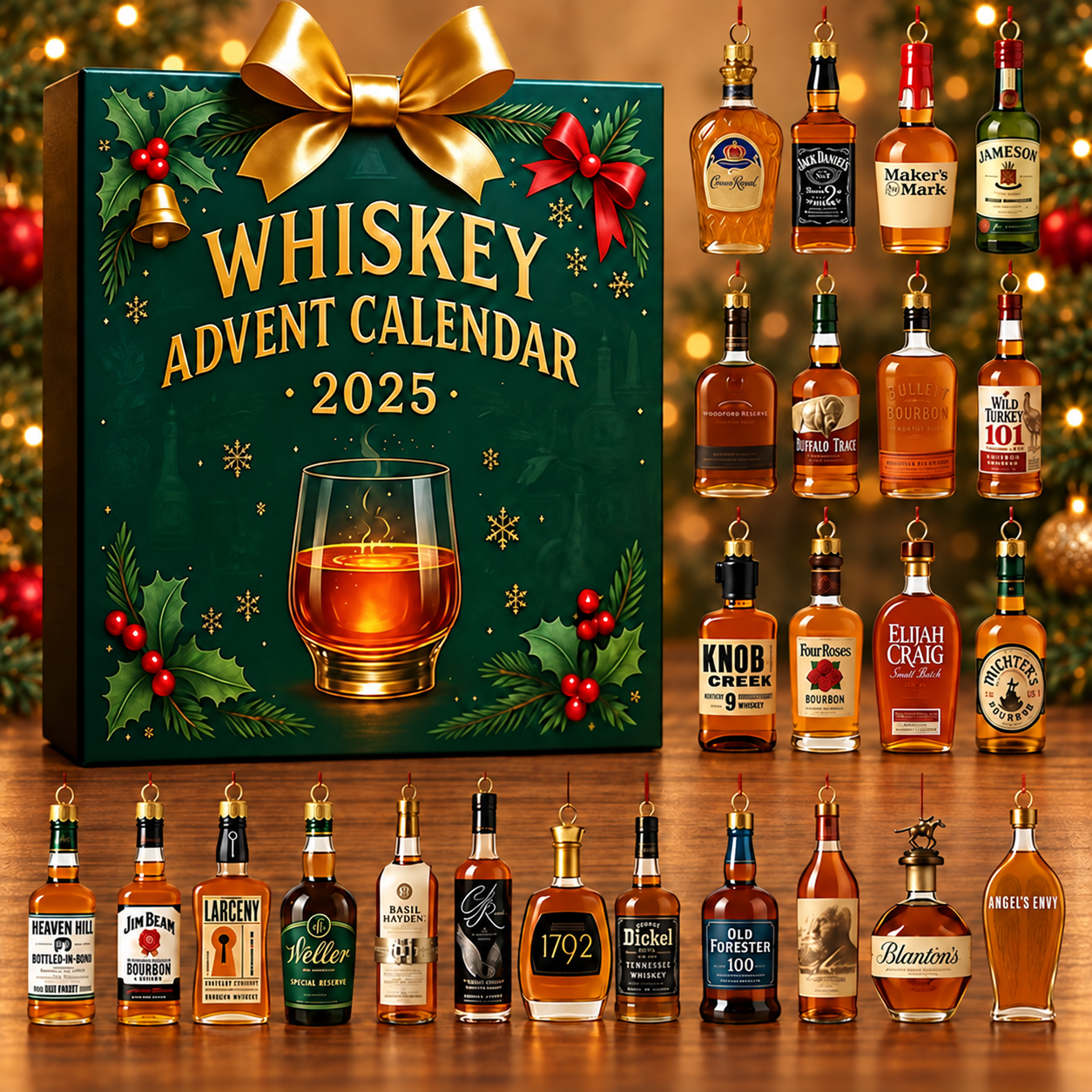 Kalendarz adwentowy z ozdobnymi miniaturami butelek – świąteczna whisky – widok produktu.