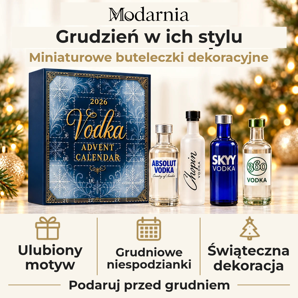 Kalendarz adwentowy z ozdobnymi miniaturami butelek – wódka – dekoracyjne miniatury butelek, osobisty motyw, grudniowe niespodzianki i świąteczna aranżacja. Wręcz przed grudniem.
