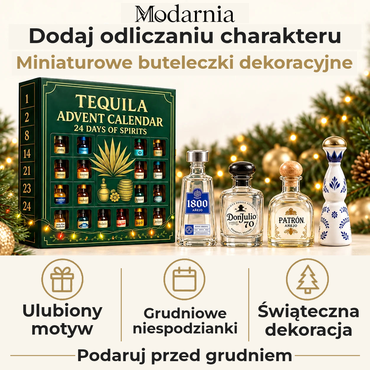 Kalendarz adwentowy z ozdobnymi miniaturami butelek – tequila, leśna zieleń – dekoracyjne miniatury butelek, osobisty motyw, grudniowe niespodzianki i świąteczna aranżacja. Wręcz przed grudniem.