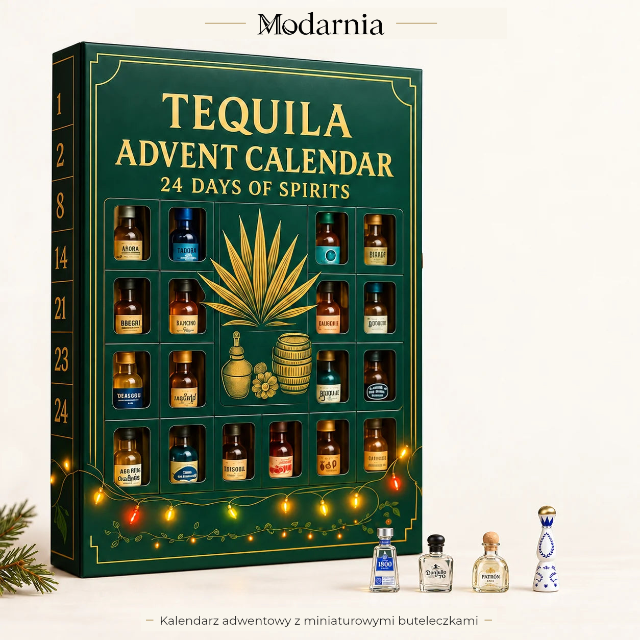 Kalendarz adwentowy z ozdobnymi miniaturami butelek – tequila, leśna zieleń – opakowanie kalendarza z trójwymiarowymi, dekoracyjnymi miniaturami butelek.