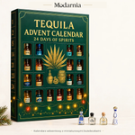 Kalendarz adwentowy z ozdobnymi miniaturami butelek – tequila, leśna zieleń – opakowanie kalendarza z trójwymiarowymi, dekoracyjnymi miniaturami butelek.