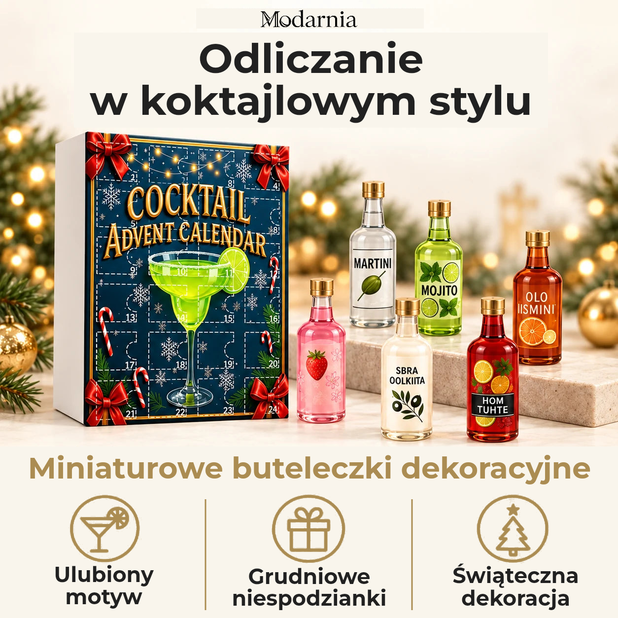 Kalendarz adwentowy z ozdobnymi miniaturami butelek – koktajle – dekoracyjne miniatury butelek, osobisty motyw, grudniowe niespodzianki i świąteczna aranżacja.