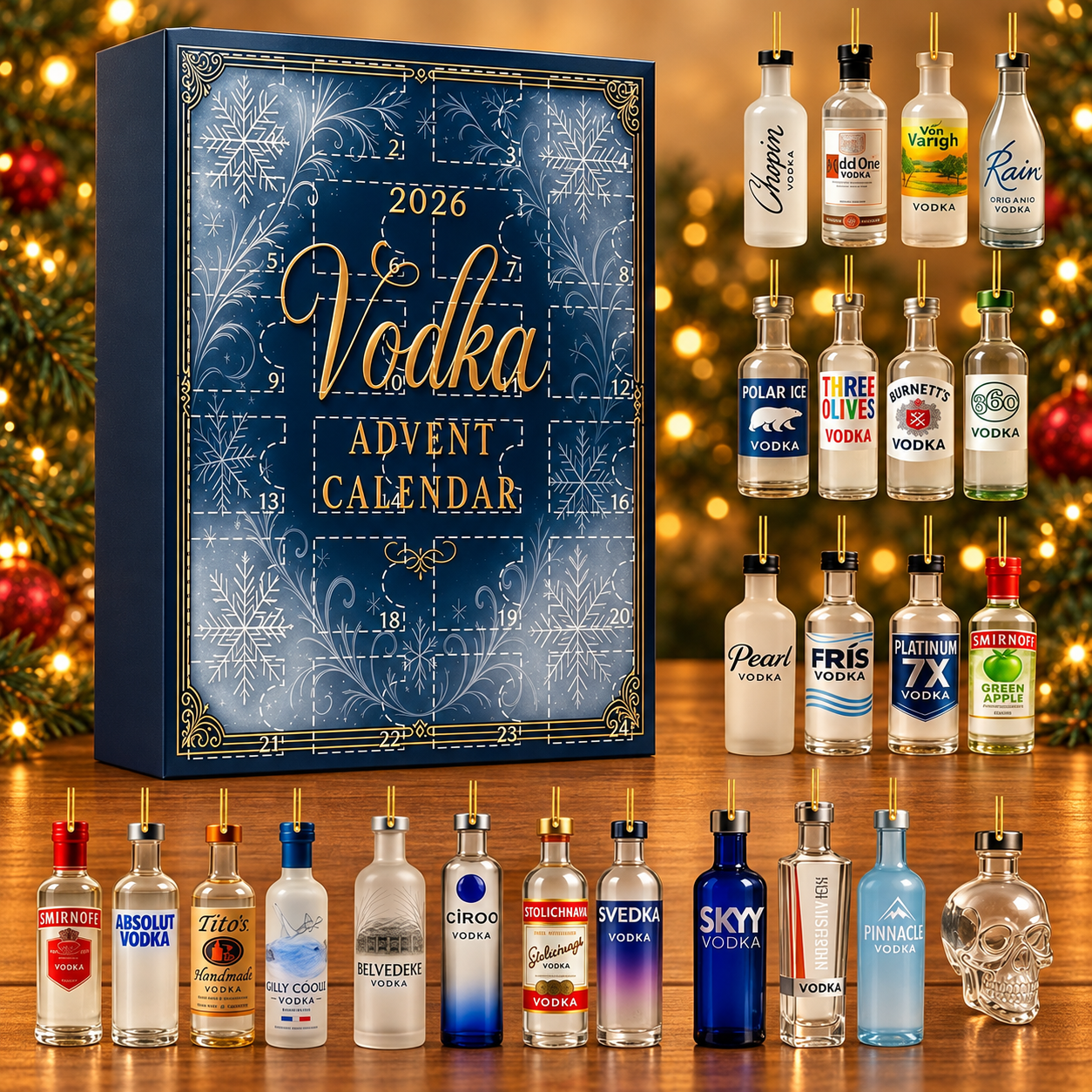 Kalendarz adwentowy z ozdobnymi miniaturami butelek – wódka – widok produktu.