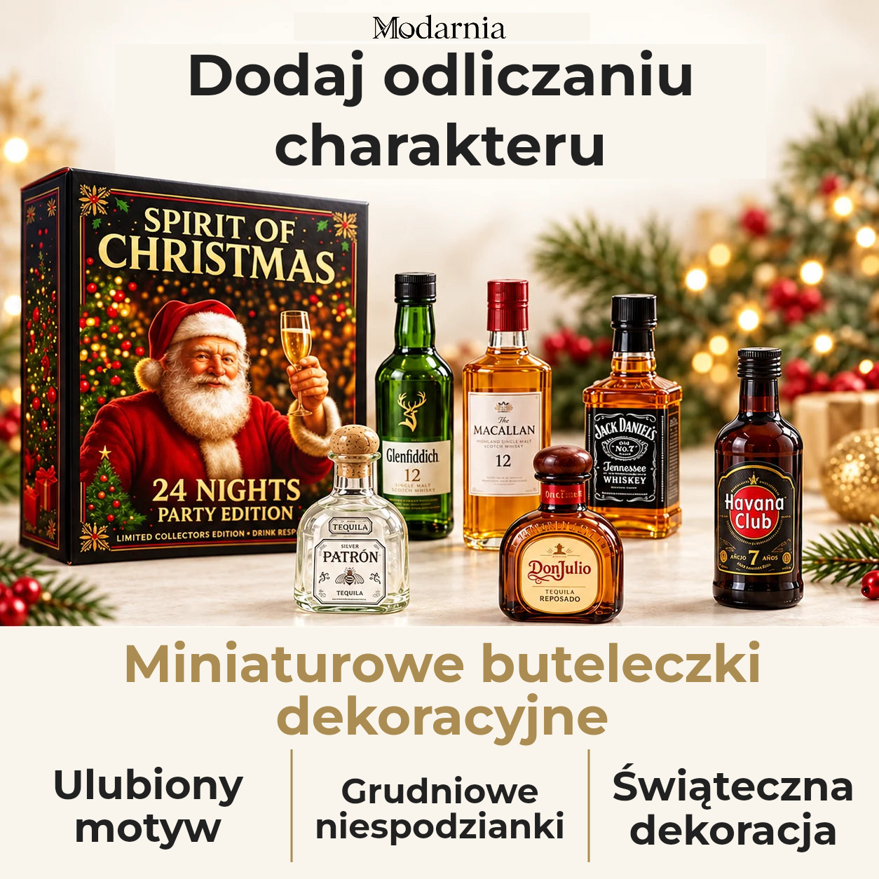 Kalendarz adwentowy z ozdobnymi miniaturami butelek – Spirit of Christmas – dekoracyjne miniatury butelek, osobisty motyw, grudniowe niespodzianki i świąteczna aranżacja.