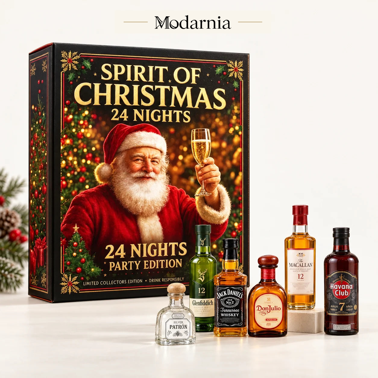 Kalendarz adwentowy z ozdobnymi miniaturami butelek – Spirit of Christmas – opakowanie kalendarza z trójwymiarowymi, dekoracyjnymi miniaturami butelek.