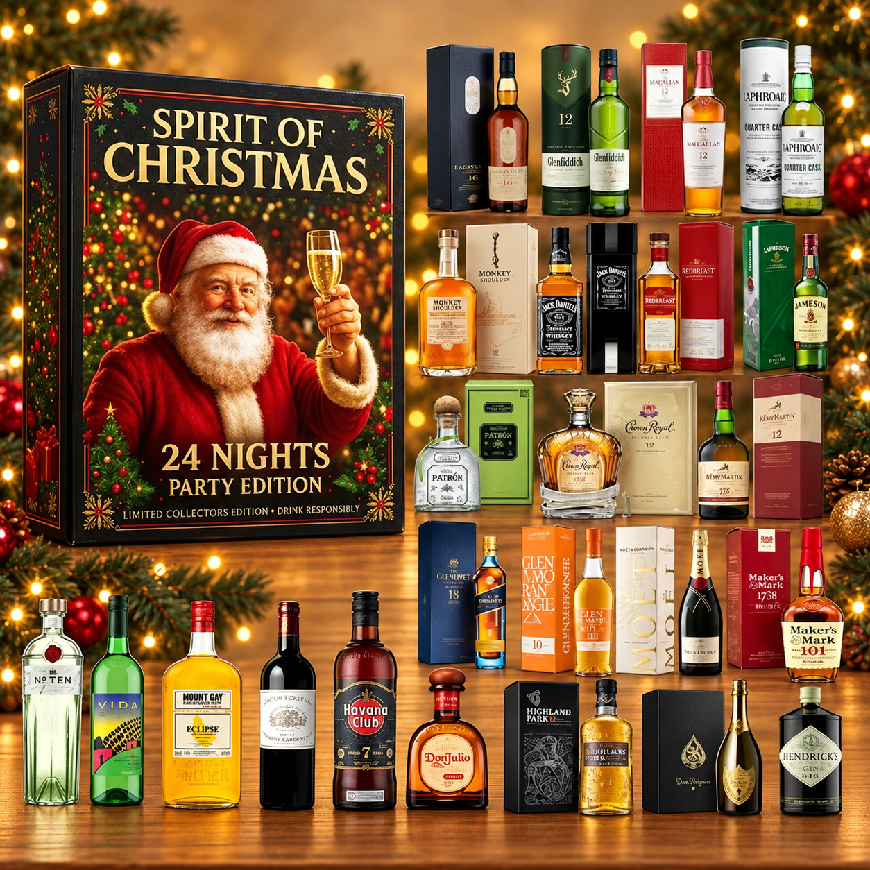 Kalendarz adwentowy z ozdobnymi miniaturami butelek – Spirit of Christmas – widok produktu.
