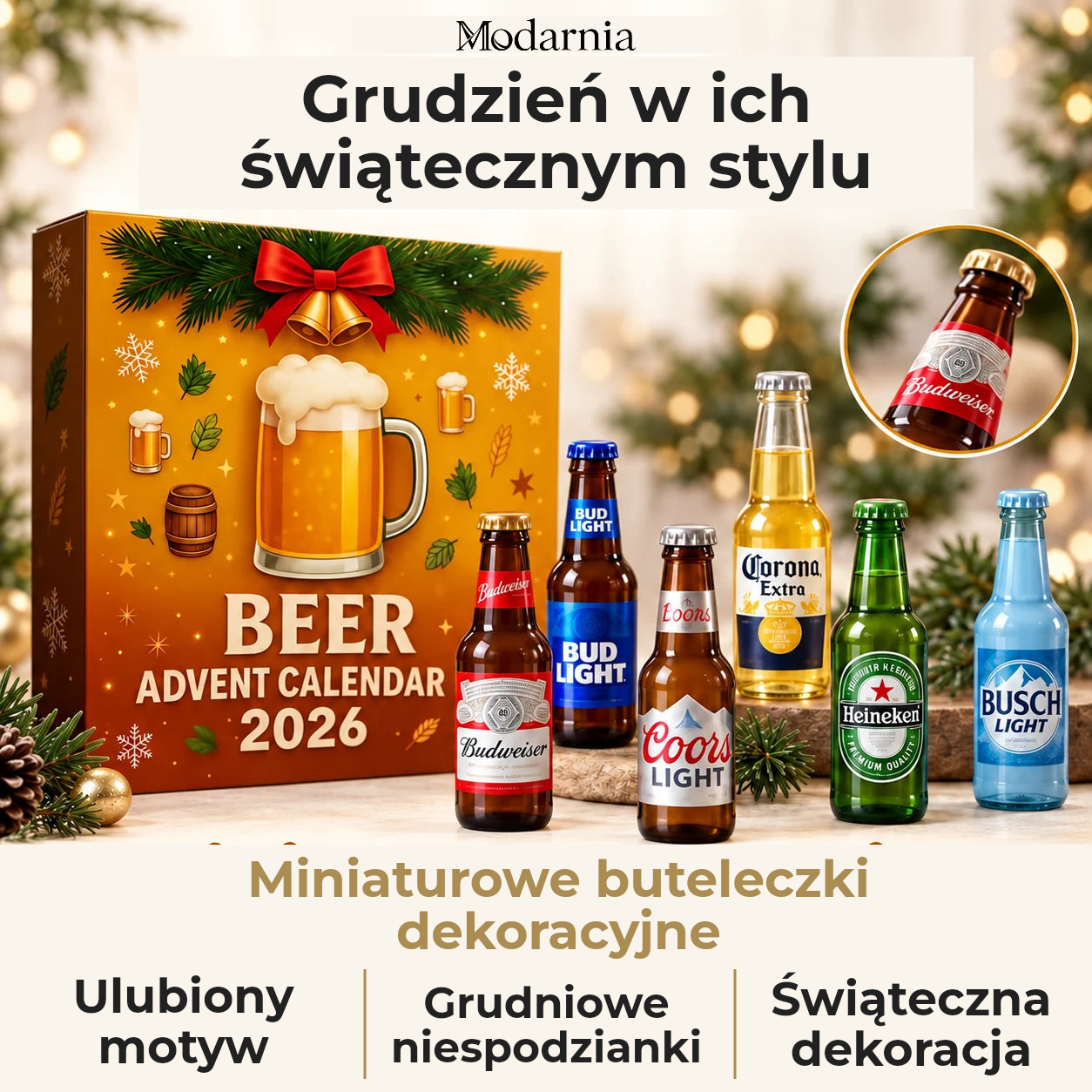 Kalendarz adwentowy z ozdobnymi miniaturami butelek – piwo – dekoracyjne miniatury butelek, osobisty motyw, grudniowe niespodzianki i świąteczna aranżacja.