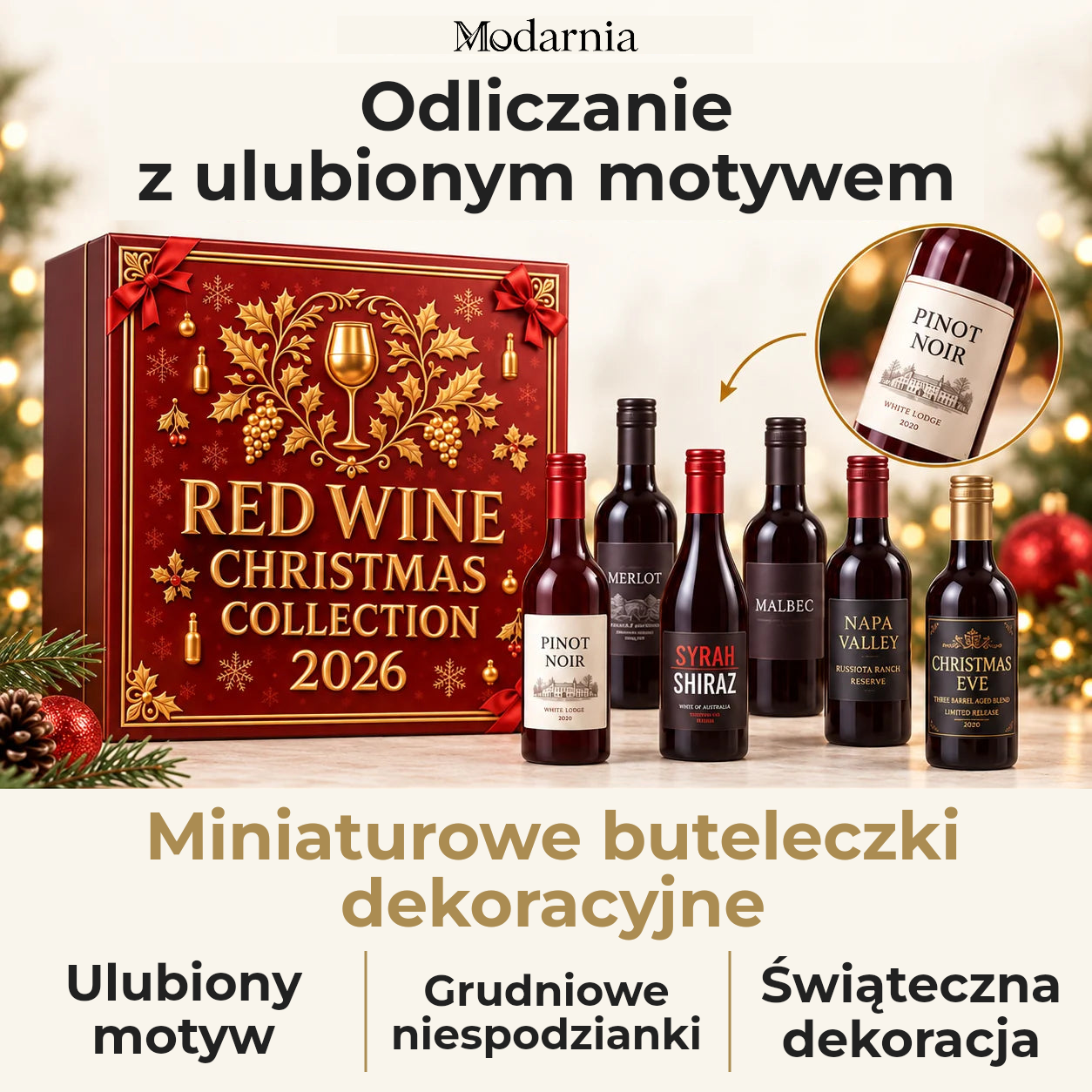 Kalendarz adwentowy z ozdobnymi miniaturami butelek – czerwone wino – dekoracyjne miniatury butelek, osobisty motyw, grudniowe niespodzianki i świąteczna aranżacja.