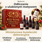 Kalendarz adwentowy z ozdobnymi miniaturami butelek – czerwone wino – dekoracyjne miniatury butelek, osobisty motyw, grudniowe niespodzianki i świąteczna aranżacja.