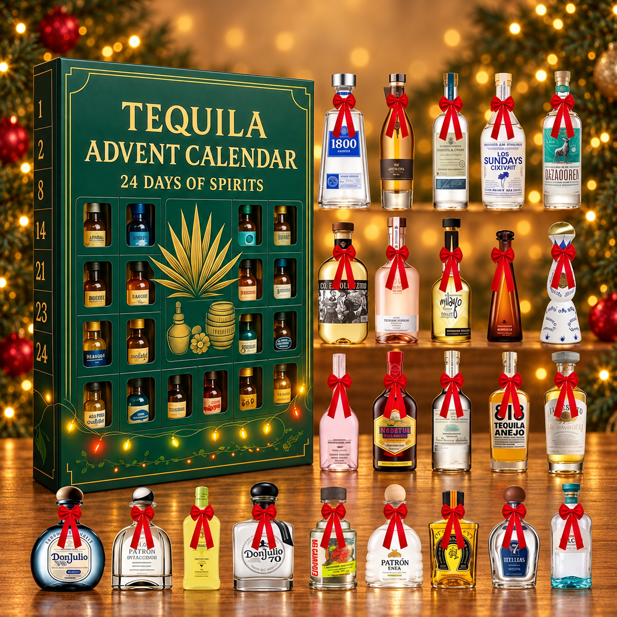 Kalendarz adwentowy z ozdobnymi miniaturami butelek – tequila, leśna zieleń – widok produktu.