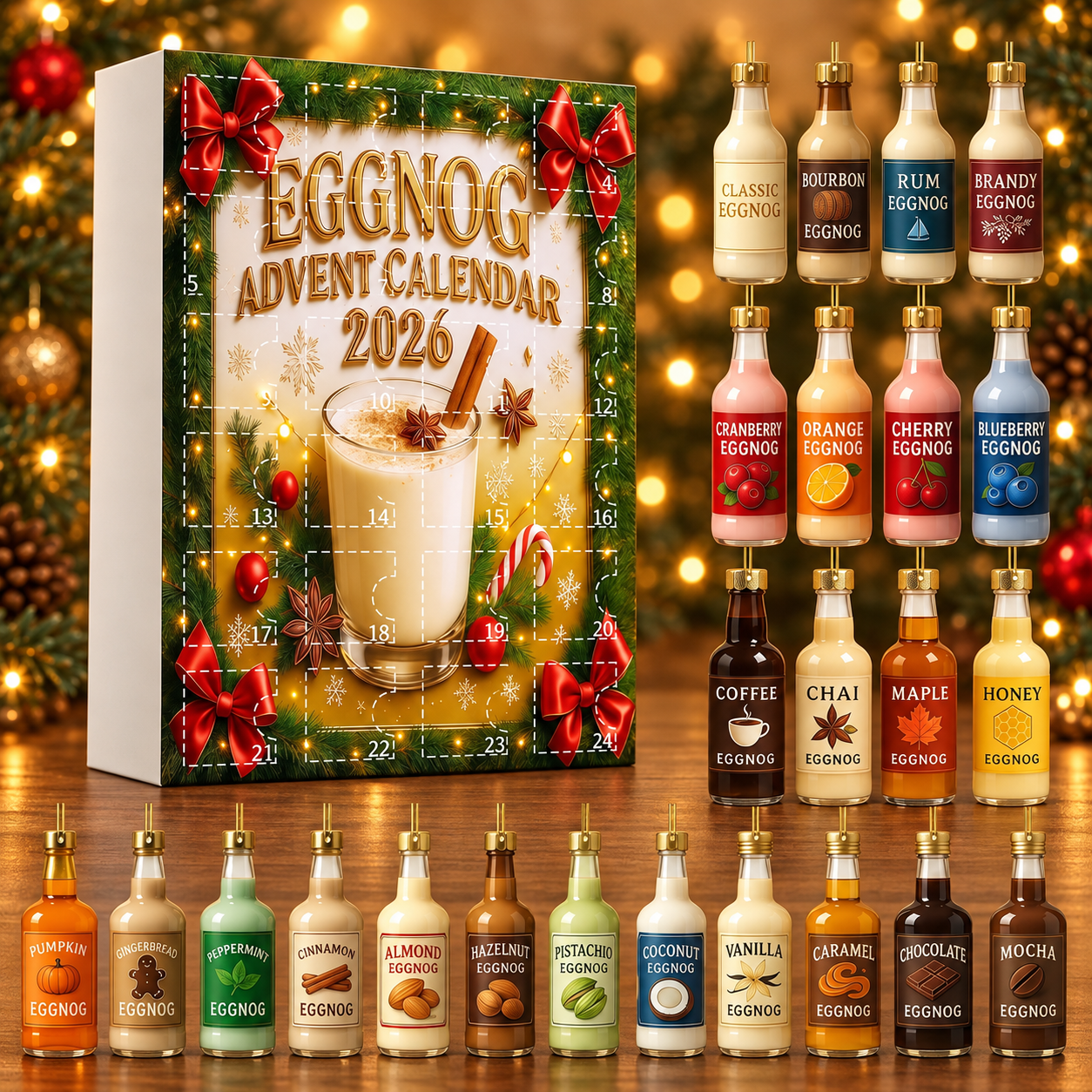 Kalendarz adwentowy z ozdobnymi miniaturami butelek – Eggnog – widok produktu.